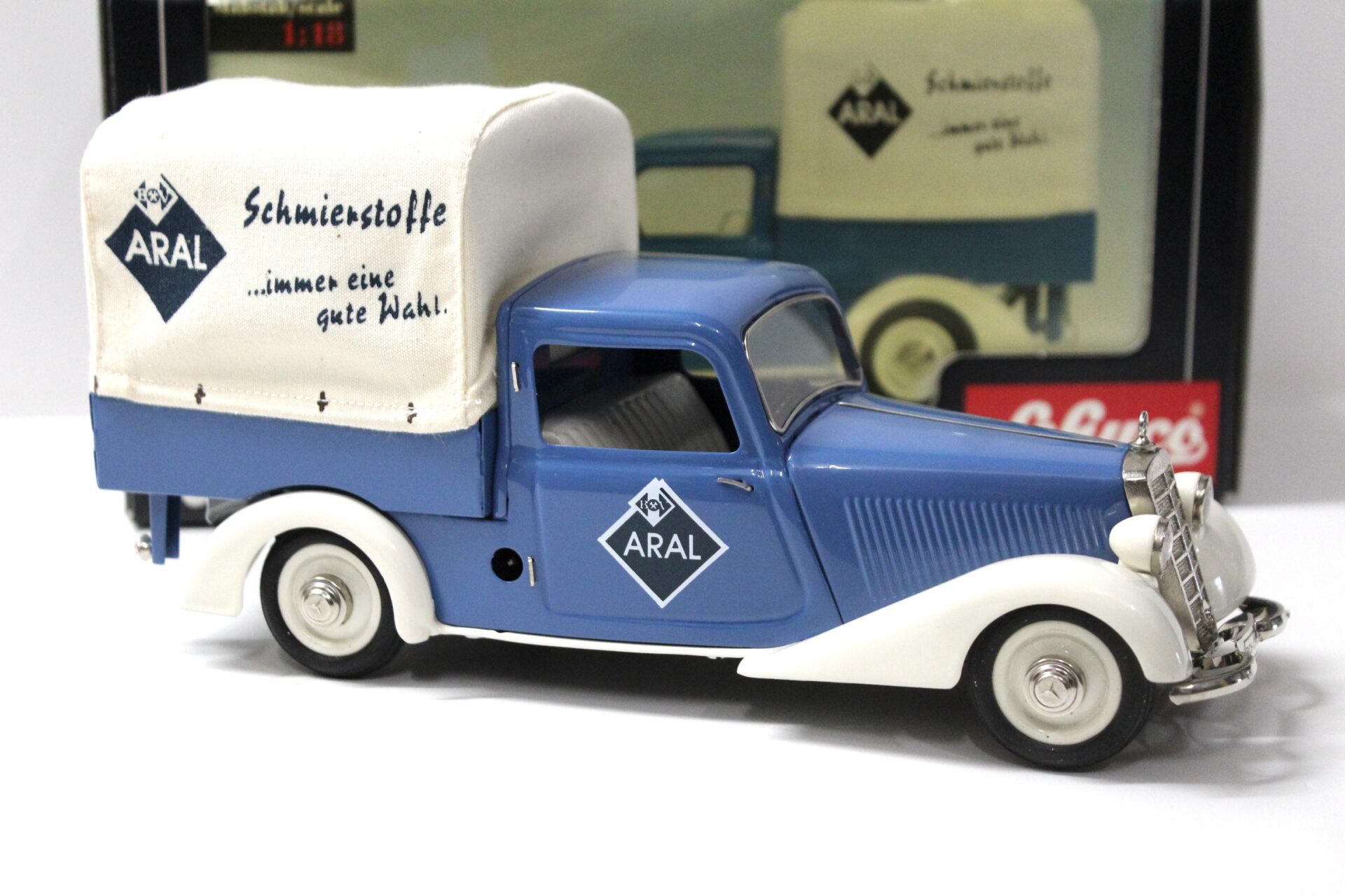 1:18 Schuco Mercedes 170V Planenwagen ARAL white/ blue