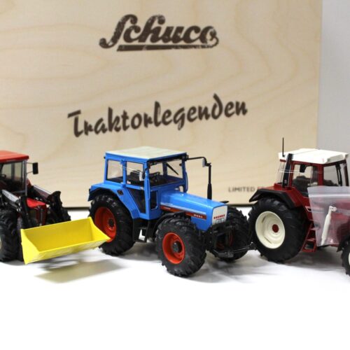 1:32 Schuco SET Traktorlegenden Eicher 3125, Schlüter 1250, IHC 1255 + HOLZ BOX