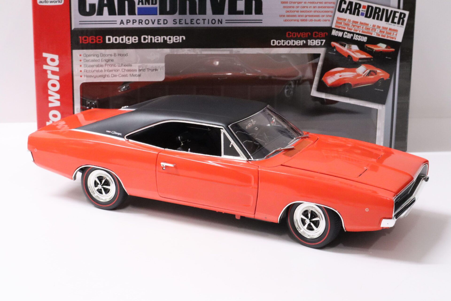 1:18 Auto World 1968 Dodge Charger Coupe orange/ black roof "Car Driver Cover"