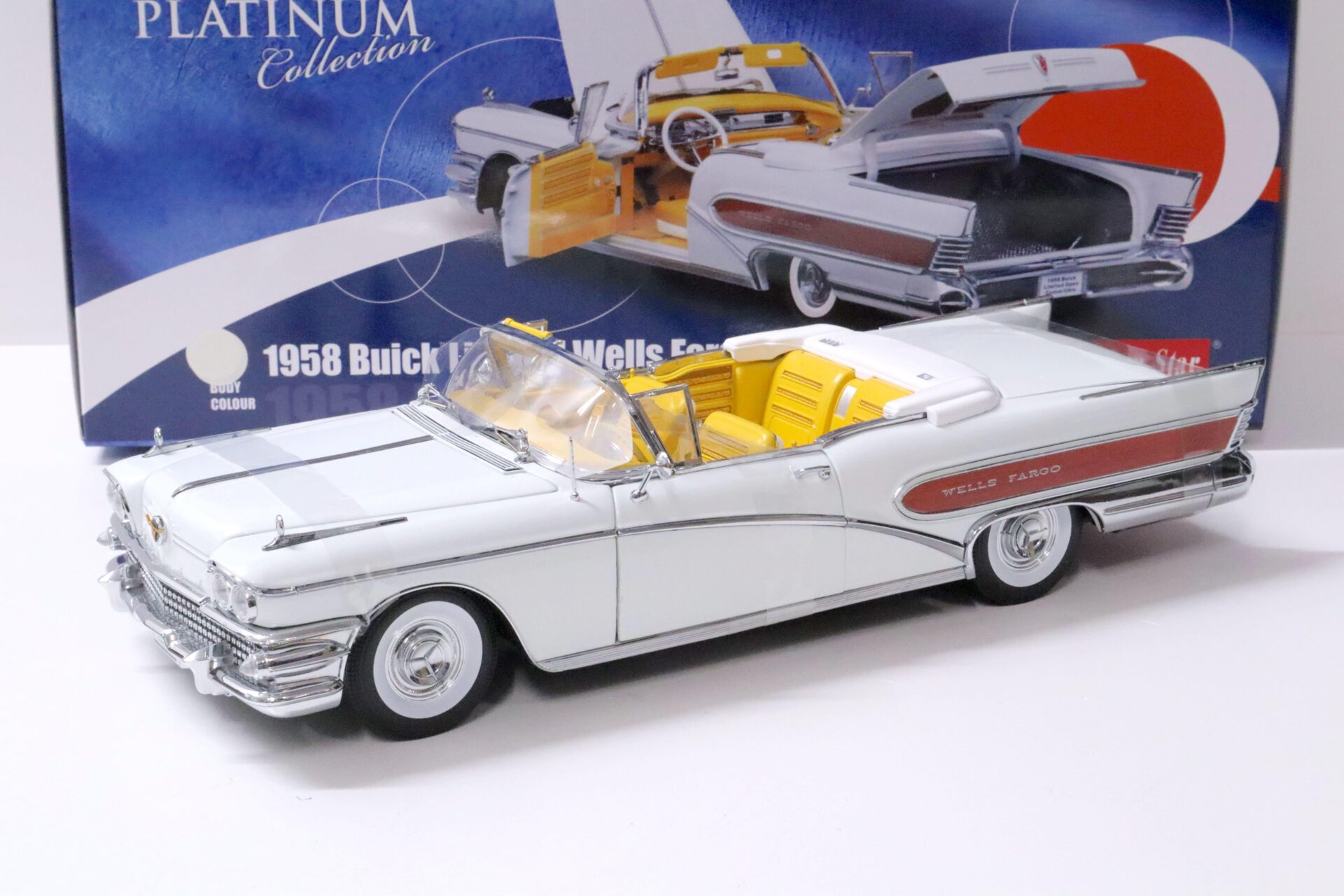 1:18 Sun Star 1958 Buick Limited open Convertible Wells Fargo white