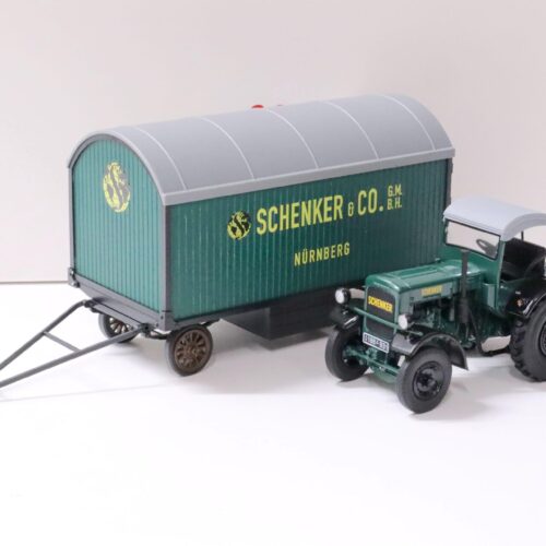 1:32 Schuco Deutz F3 mit Verdeck und Anhänger "Schenker" dark green