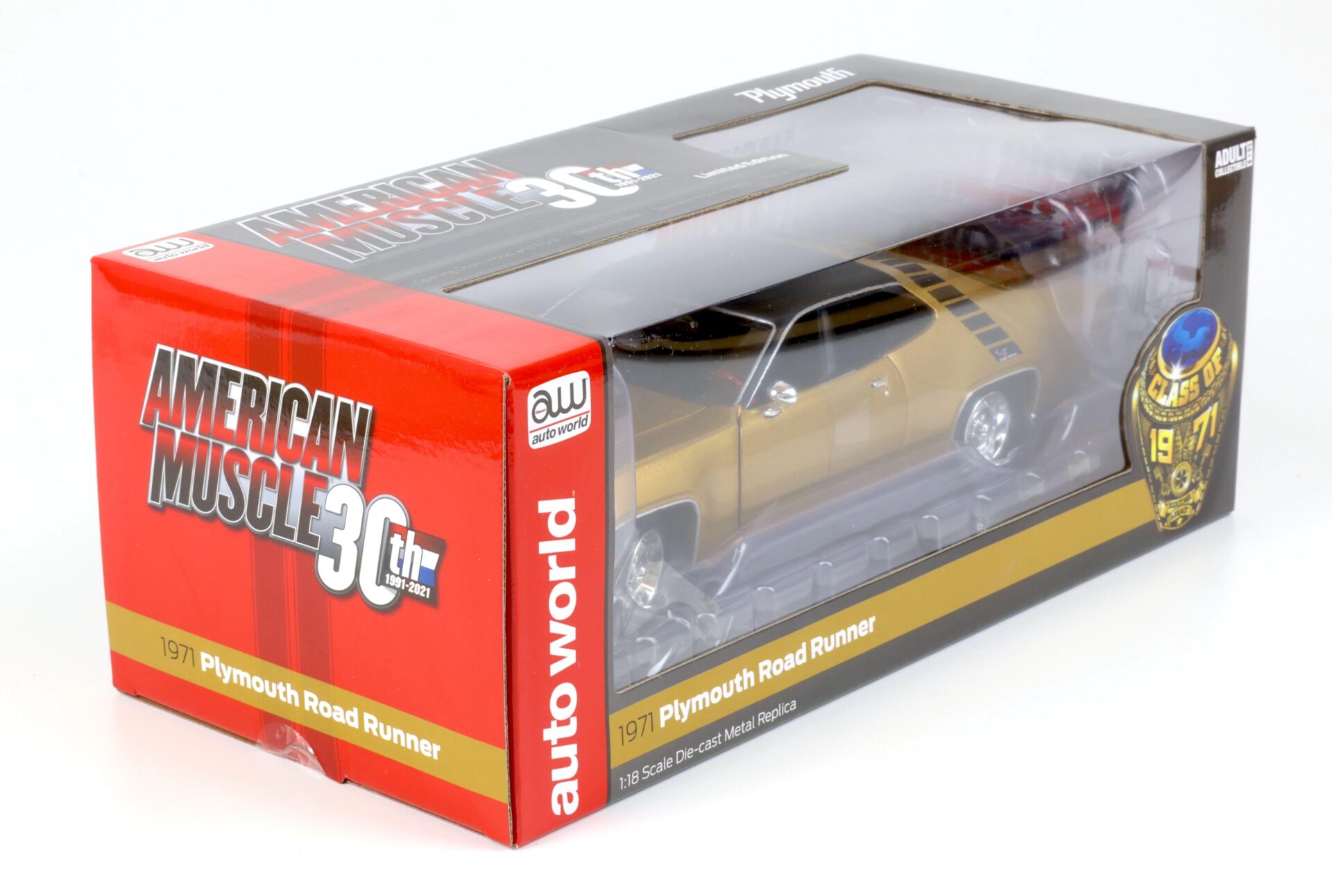 1:18 Auto World 1971 Plymouth Road Runner Hardtop Class of 1971 gold leaf metallic