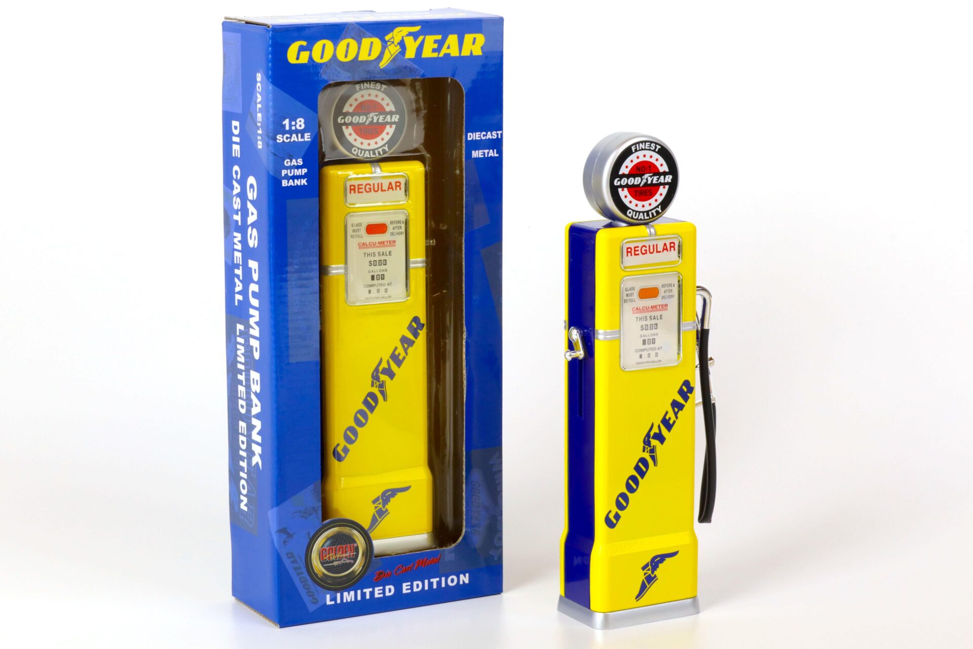 1:8 Golden Wheel Zubehör Gas Pump Bank Zapfsäule GOODYEAR yellow/ blue