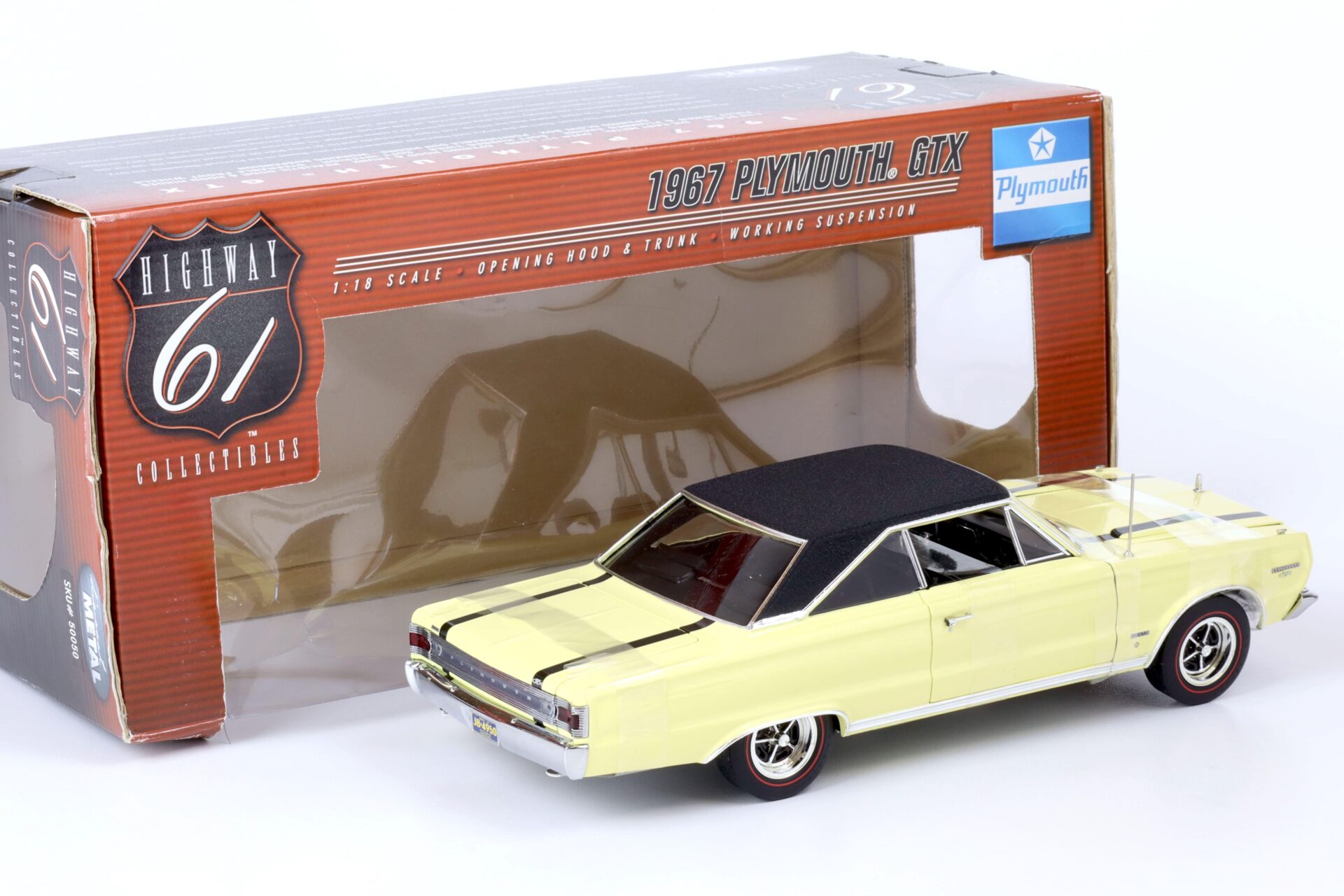 (A6A296) 1:18 Highway61 Plymouth GTX 1967 yellow/ black roof