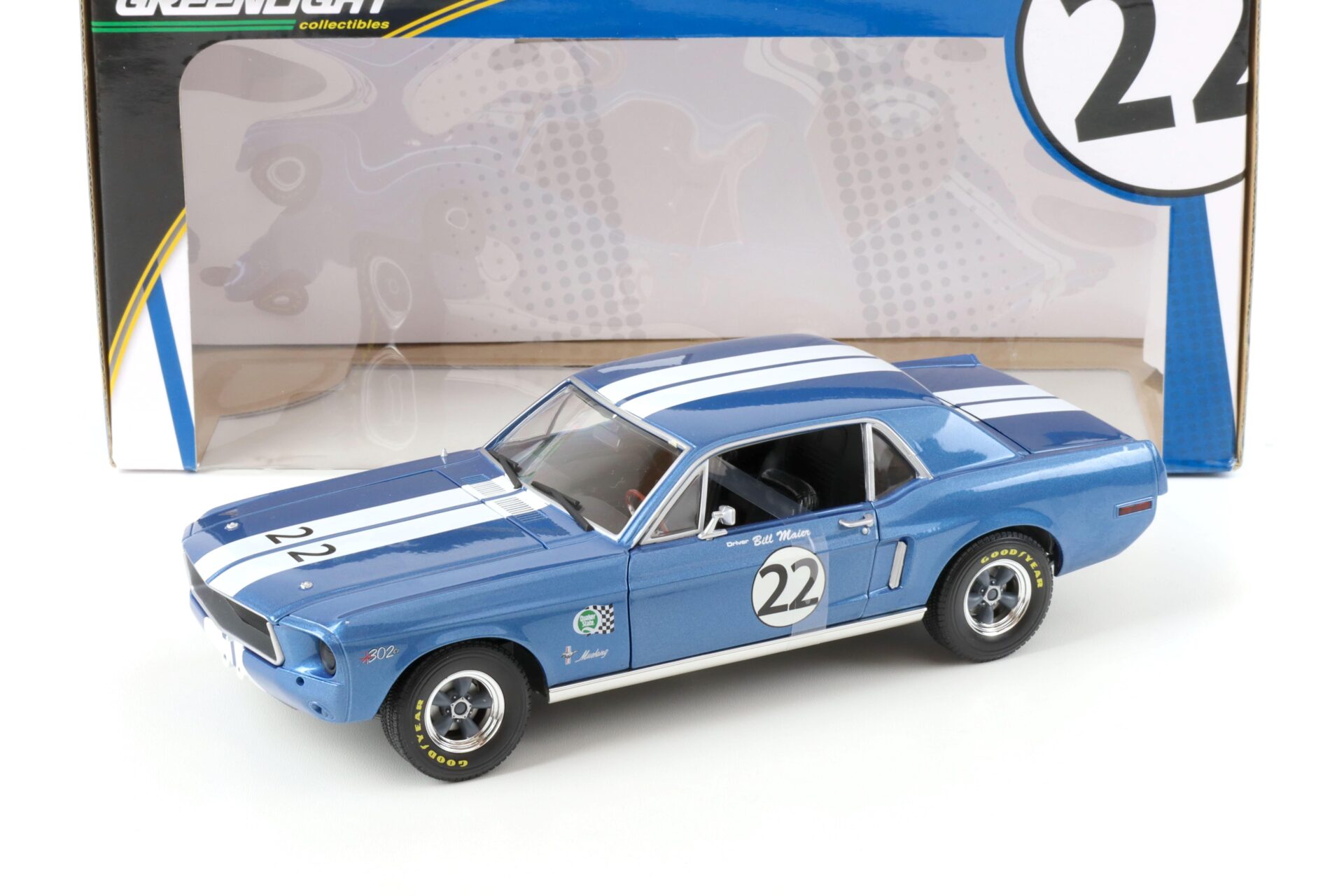 1:18 Greenlight 1968 Bill Maier Ford Mustang Racing Tribute #22 blue/ white