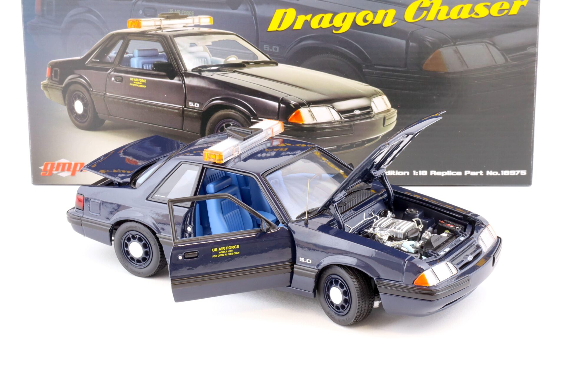 1:18 GMP 1988 Ford Mustang 5.0 SSP US Air Force U-2 Chase Car Dragon Chaser blue