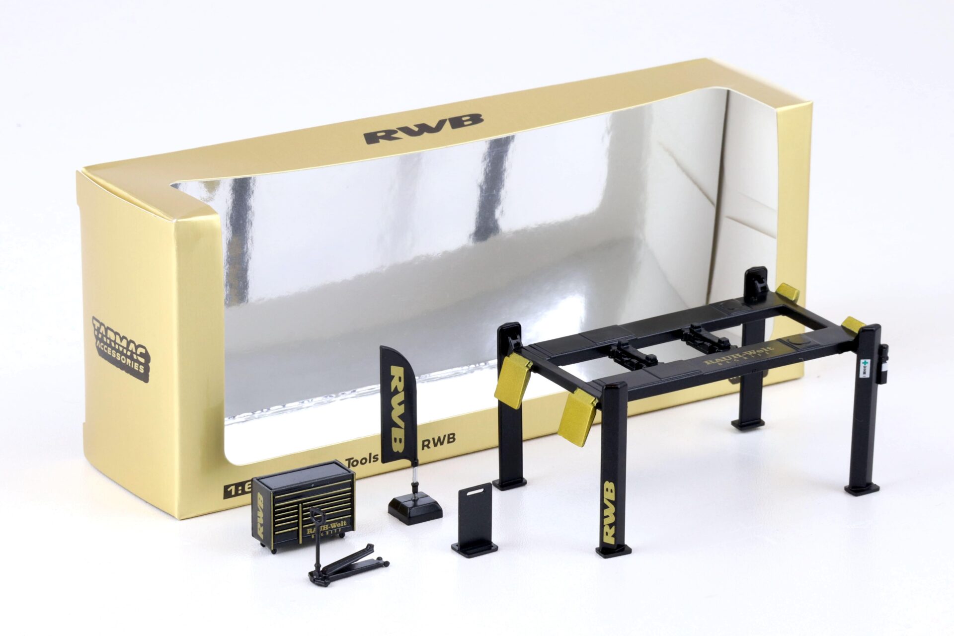 1:64 Tarmac Works Garage Tools Set Hebebühne Werkstatt RWB gold/black