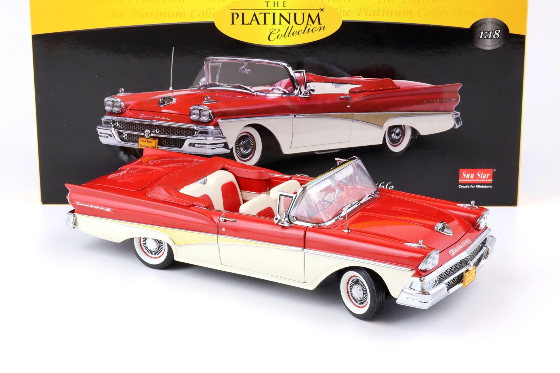 1:18 Sun Star 1958 Ford Fairlane 500 Open Convertible torch red / white