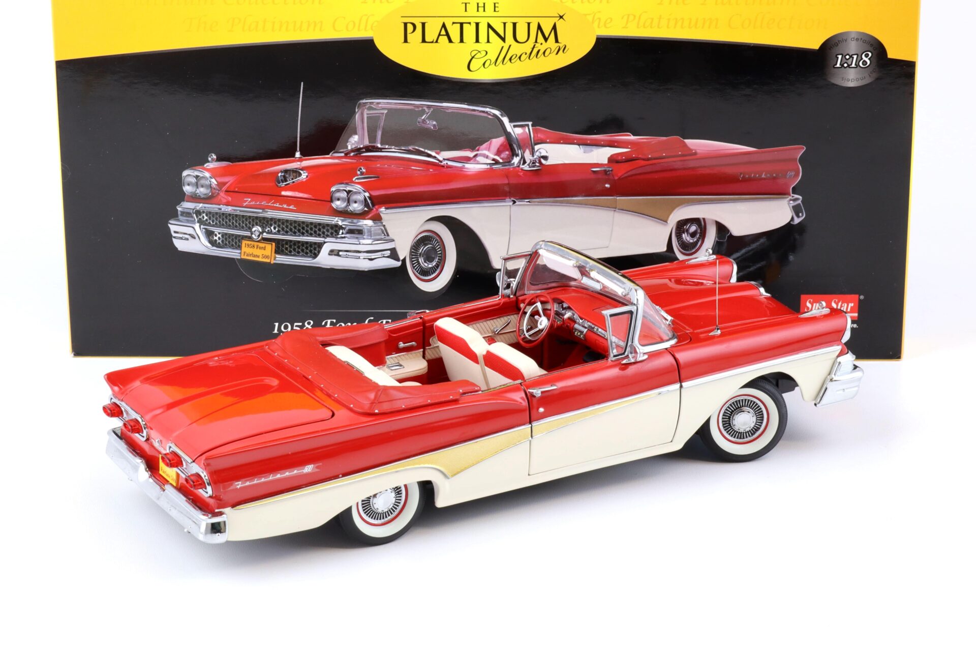 1:18 Sun Star 1958 Ford Fairlane 500 Open Convertible torch red / white