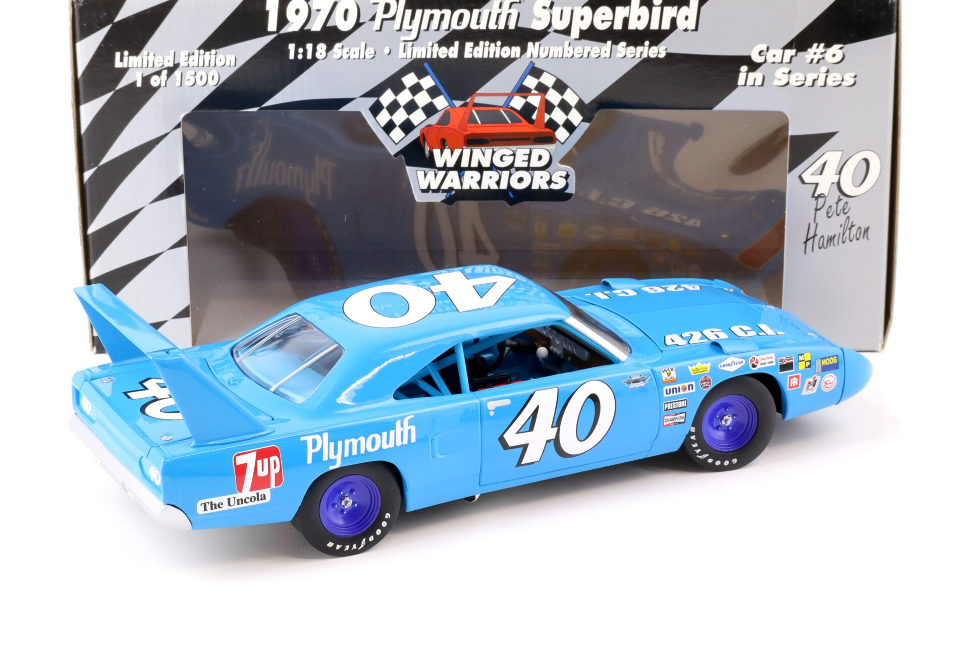 1:18 ERTL 1970 Plymouth Superbird #40 Winged Warriors Pete Hamilton blue