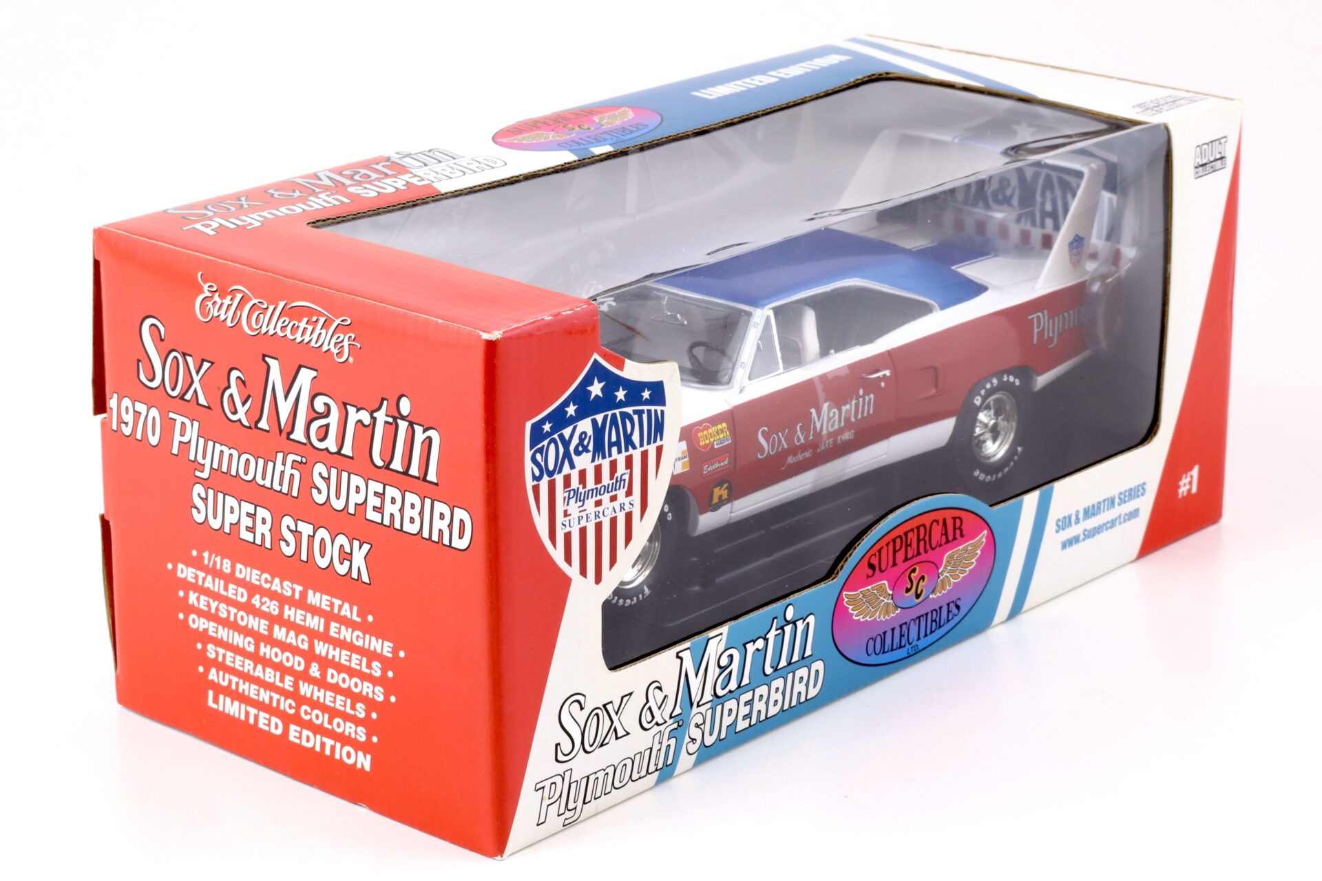 1:18 ERTL Supercar Collectibles Sox & Martin Plymouth Superbird blue / white / red