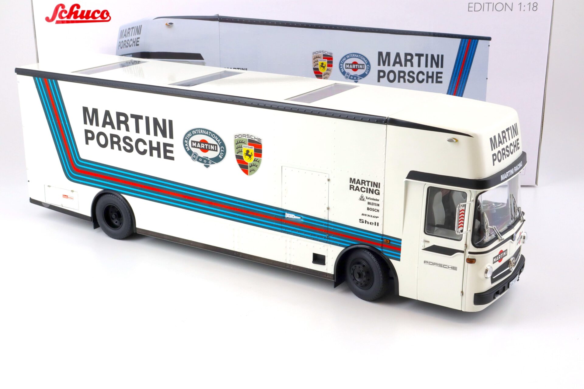 1:18 Schuco Mercedes O317 Renntransporter MARTINI PORSCHE white