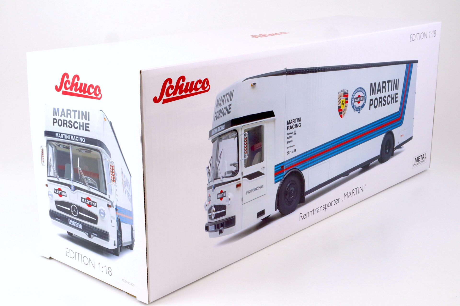 1:18 Schuco Mercedes O317 Renntransporter MARTINI PORSCHE white