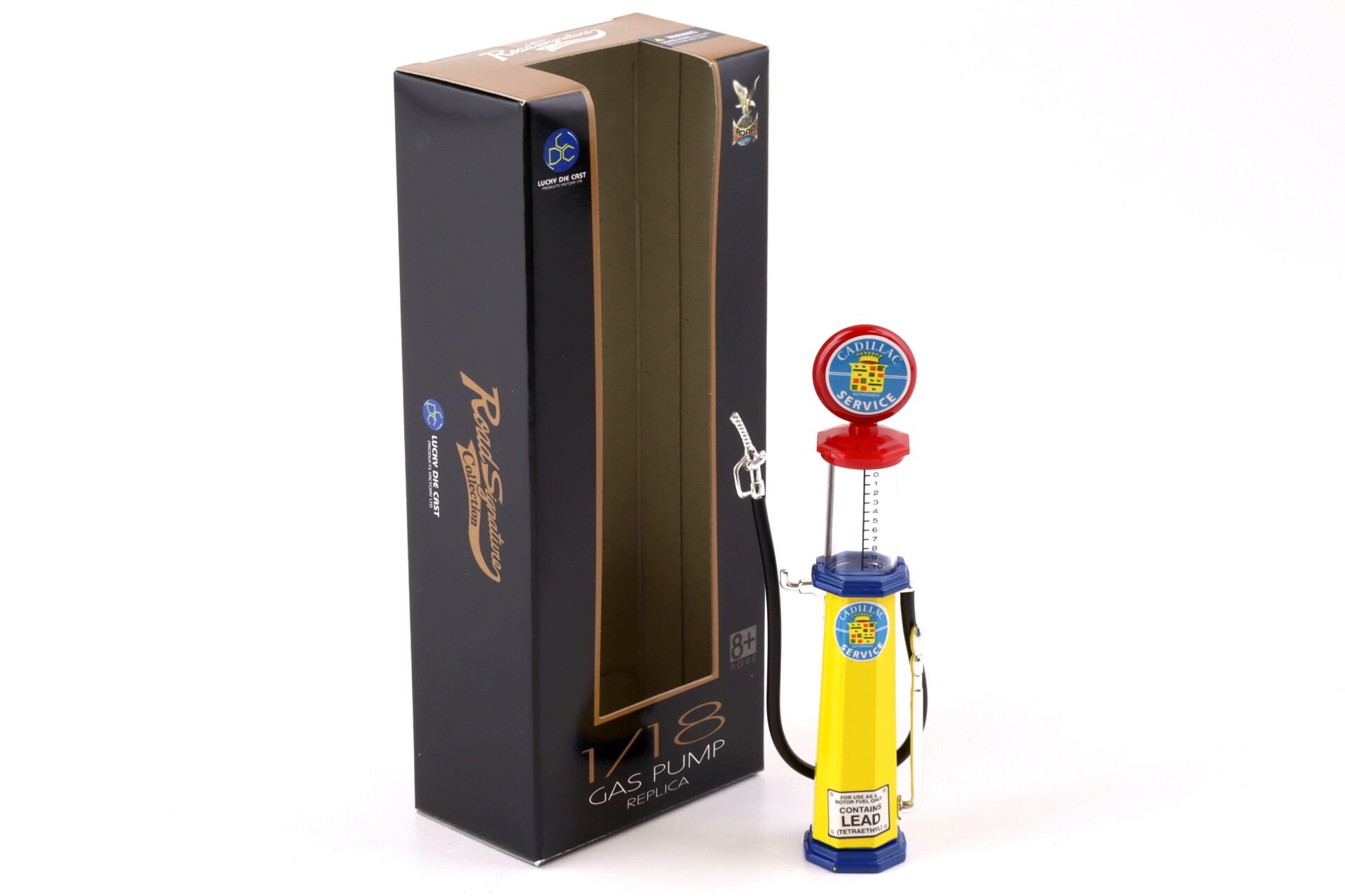 1:18 Road Signature Gas Pump Zapfsäule Cadillac Service yellow / red / blue