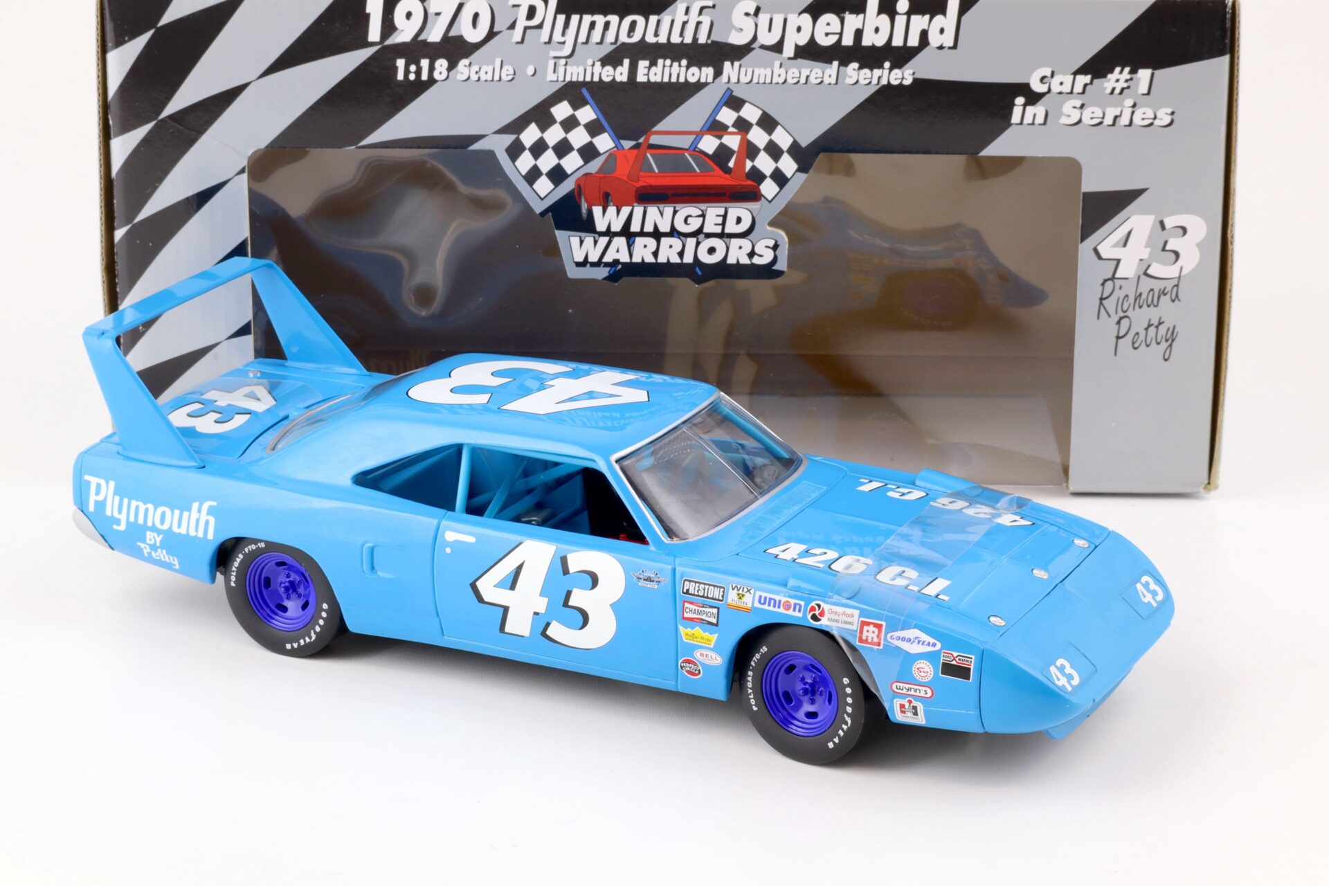 1:18 ERTL 1970 Plymouth Superbird #43 Winged Warriors Richard Petty blue