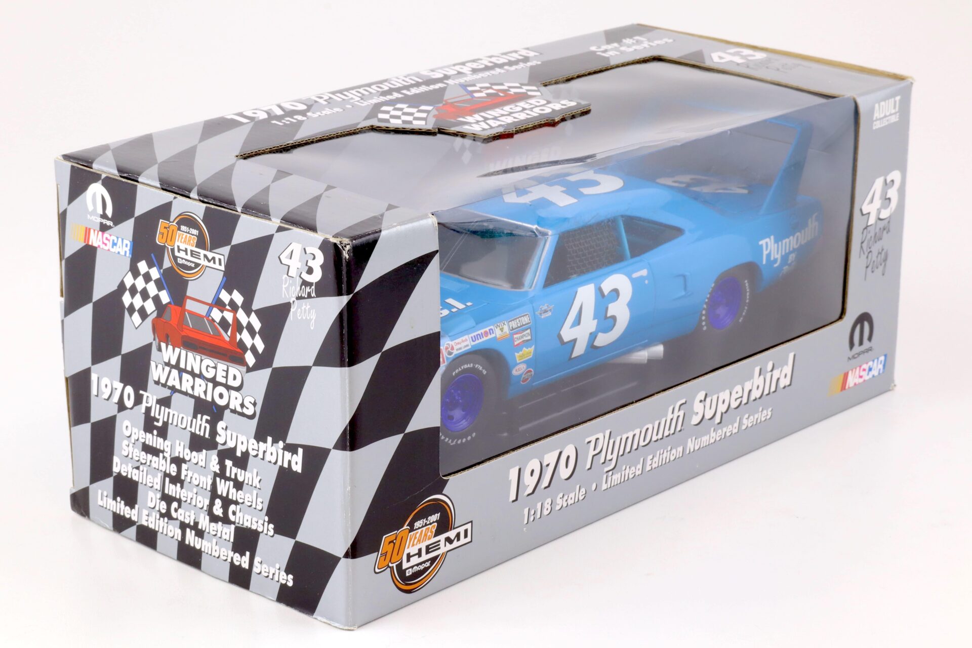 1:18 ERTL 1970 Plymouth Superbird #43 Winged Warriors Richard Petty blue