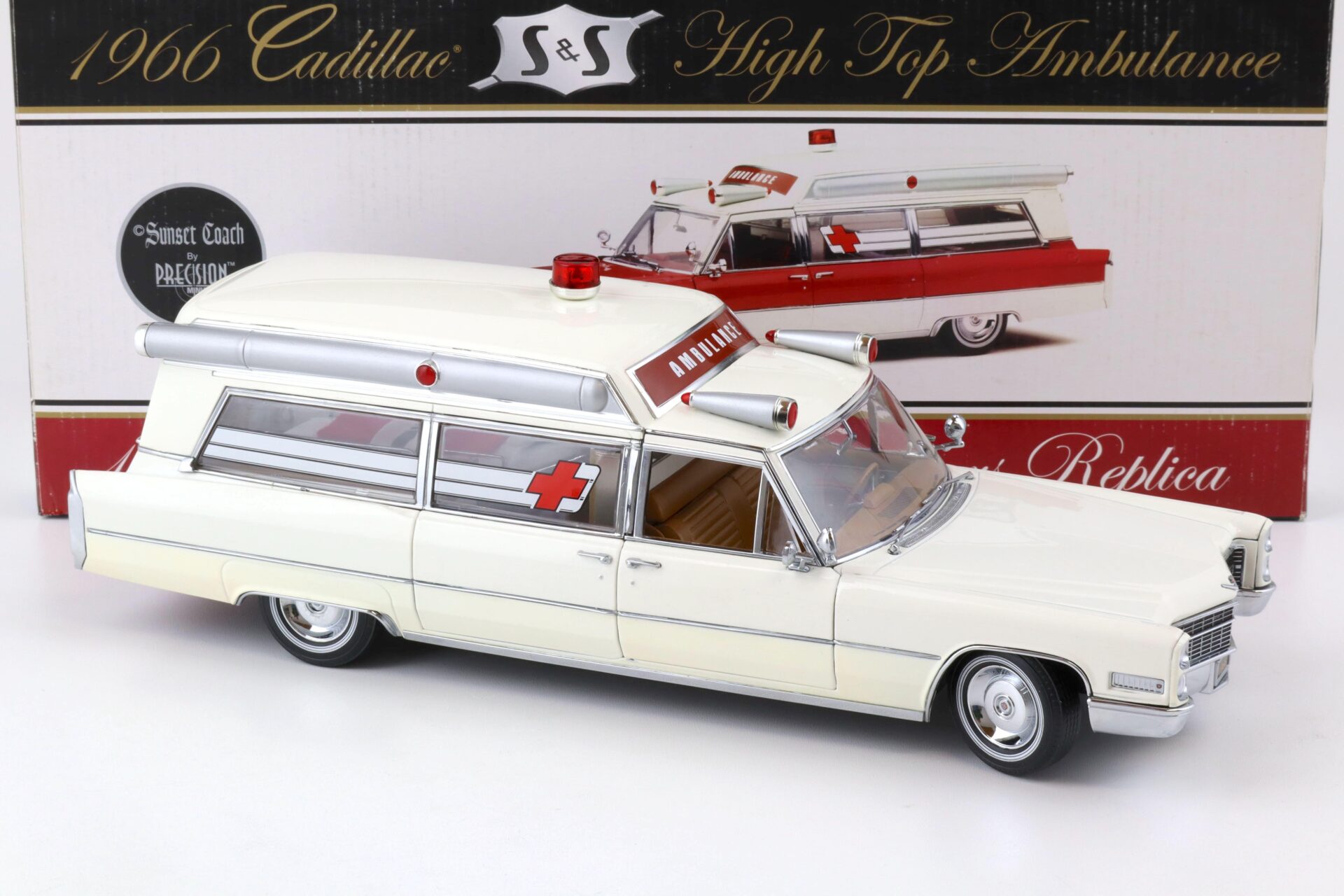 1:18 Precision Miniatures Sunset Coach 1966 Cadillac S&S High Top Ambulance white