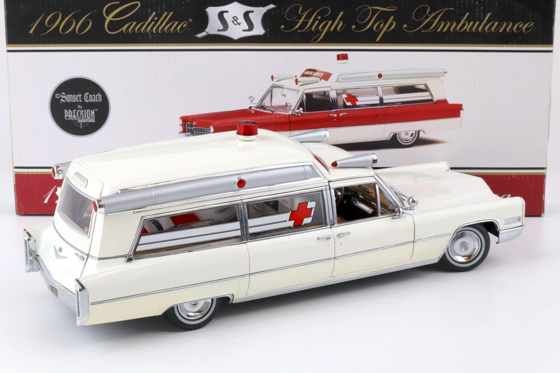 1:18 Precision Miniatures Sunset Coach 1966 Cadillac S&S High Top Ambulance white