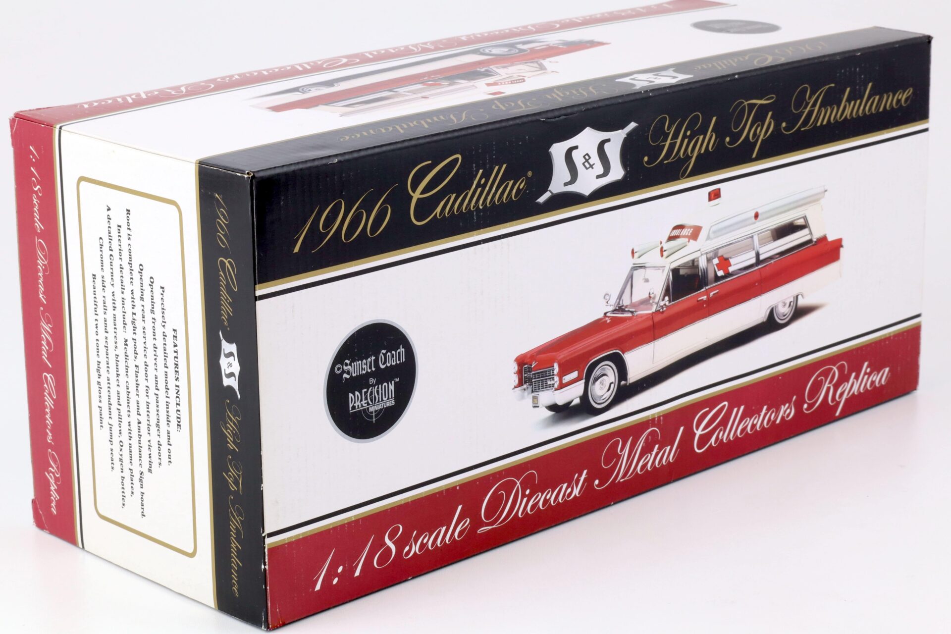 1:18 Precision Miniatures Sunset Coach 1966 Cadillac S&S High Top Ambulance white