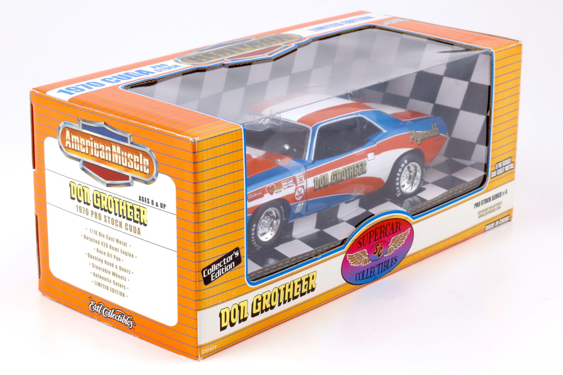 1:18 ERTL 1970 Plymouth Cuda Pro Stock Don Grotheer orange/blue/white