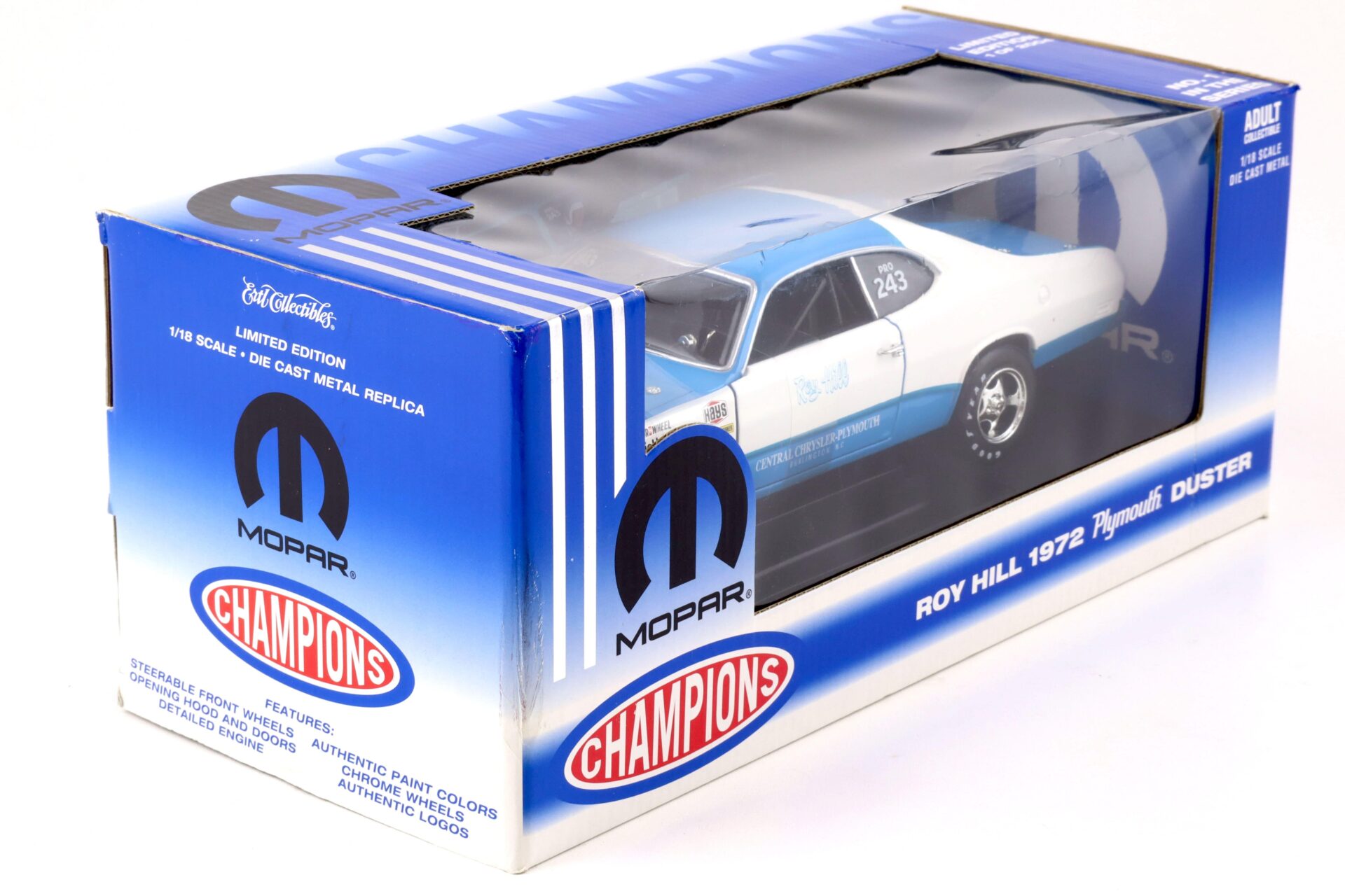 1:18 ERTL 1972 Plymouth Duster Roy Hill MOPAR Champions white/ blue