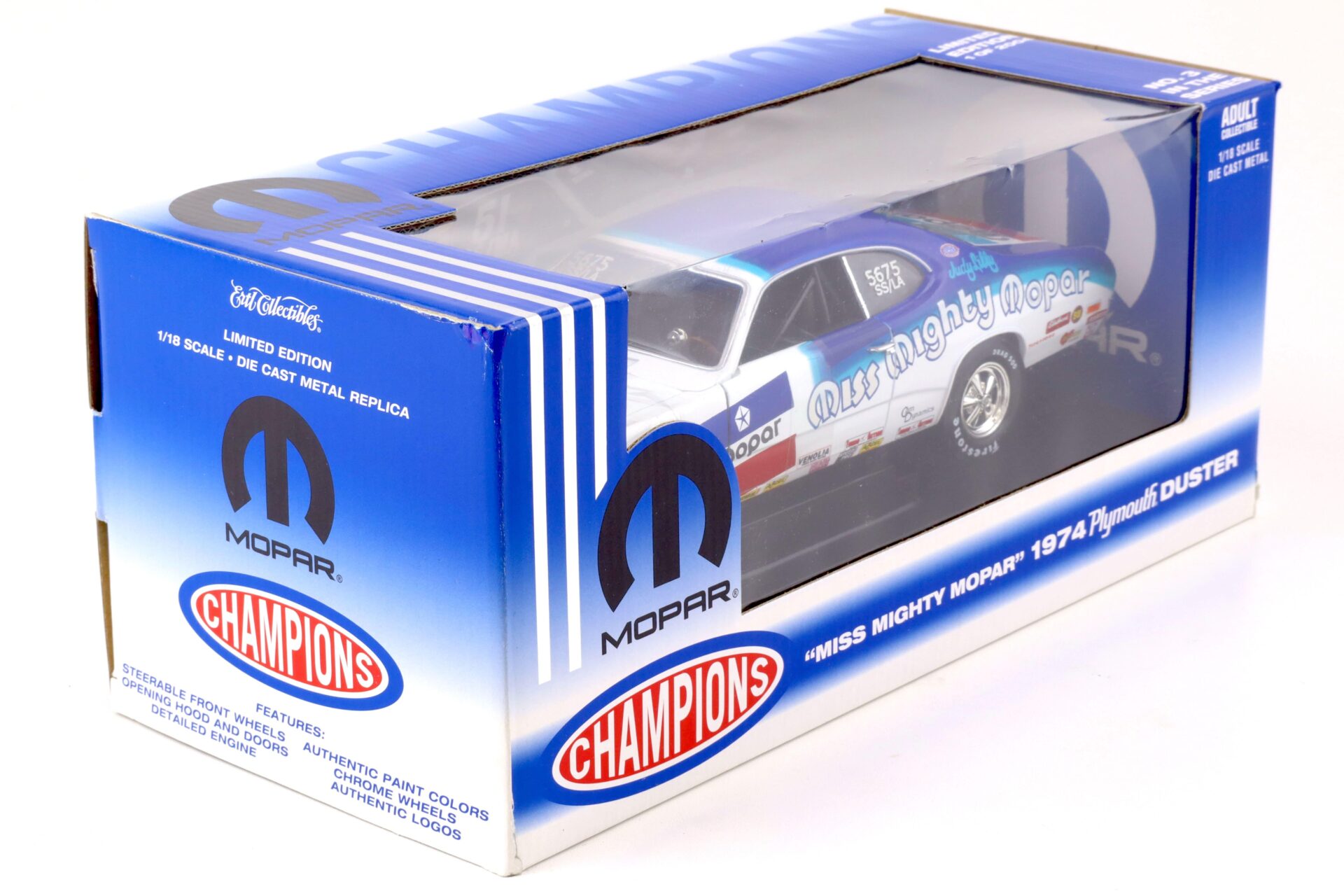 1:18 ERTL 1974 Plymouth Duster Miss Mighty Mopar blue/ white MOPAR CHAMPIONS