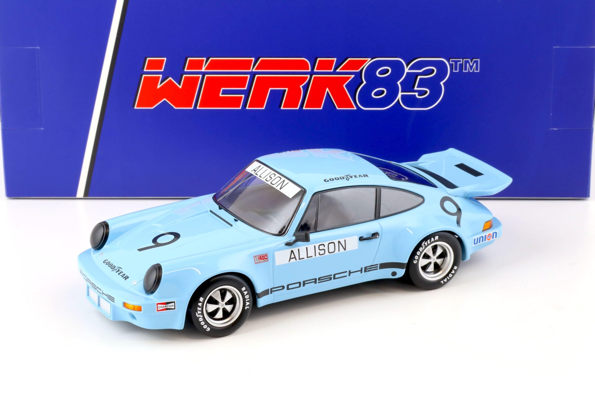 1:18 WERK83 Porsche 911 Carrera 3.0 RSR #9 IROC Riverside 1974 Allison blue