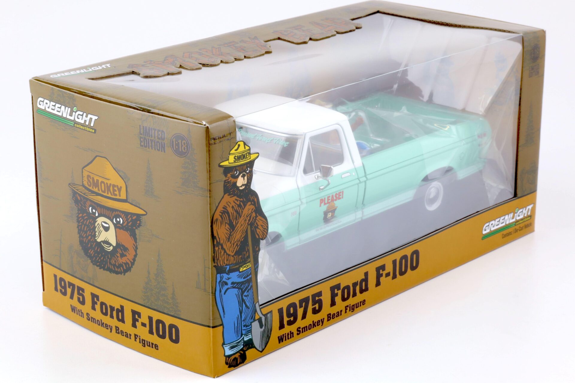 1:18 Greenlight 1975 Ford F-100 Ranger Pick-Up Forest Service with Smokey Bear Figure