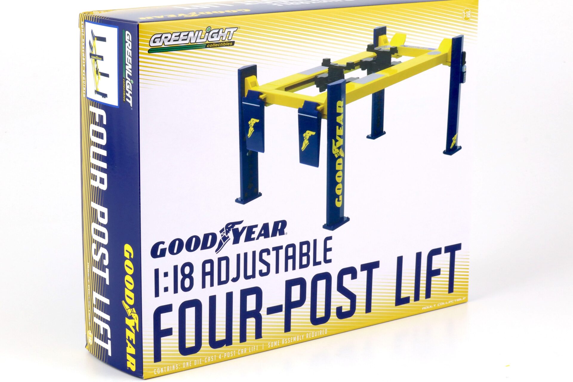 1:18 Greenlight GOODYEAR Adjustable FOUR-POST Lift Hebebühne Zubehör yellow/blue
