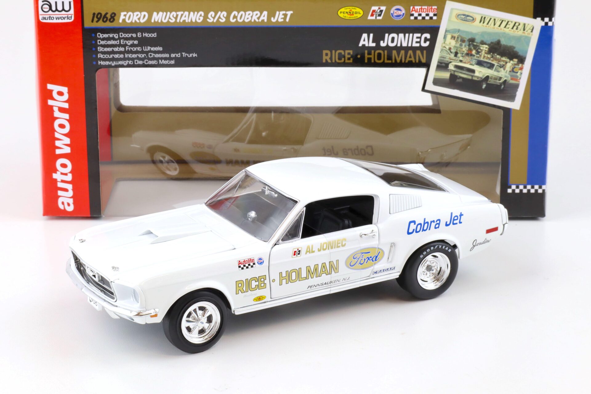 1:18 Auto World 1968 Ford Mustang S/S Cobra Jet Rice Holman Ford Al Joniec white