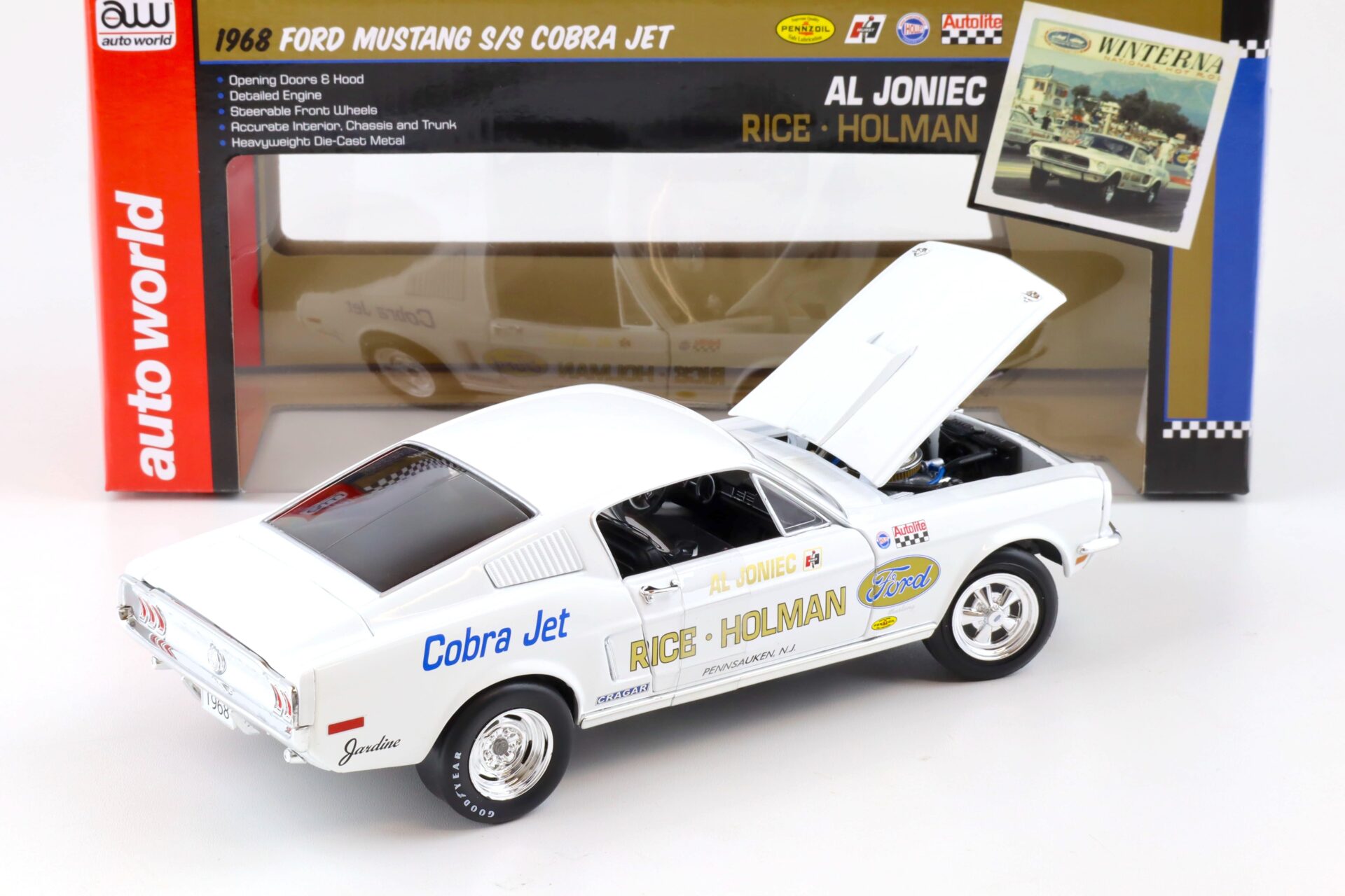 1:18 Auto World 1968 Ford Mustang S/S Cobra Jet Rice Holman Ford Al Joniec white
