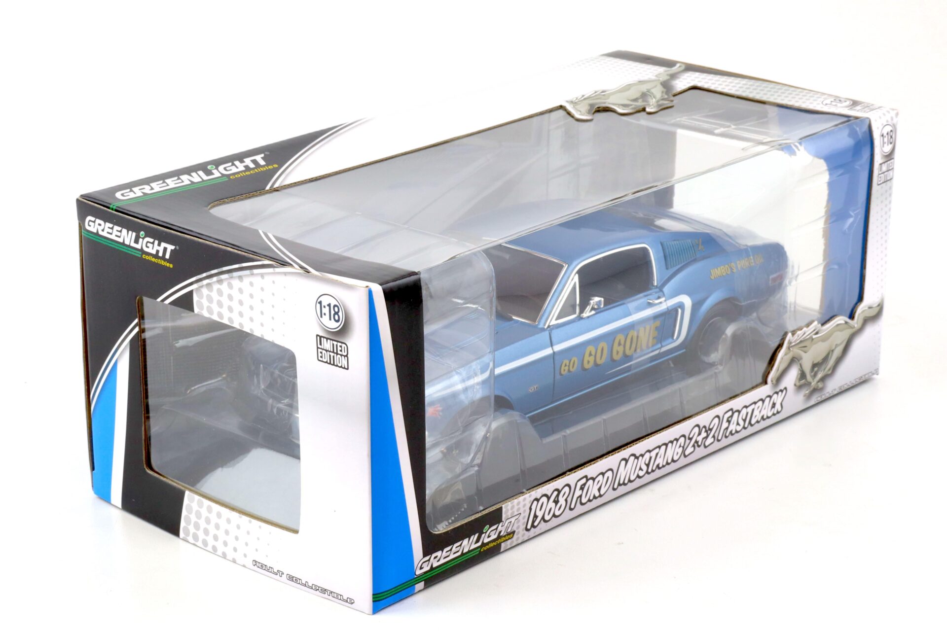 1:18 Greenlight 1968 Ford Mustang 2+2 Fastback Go Go Gone D/S 584 blue metallic