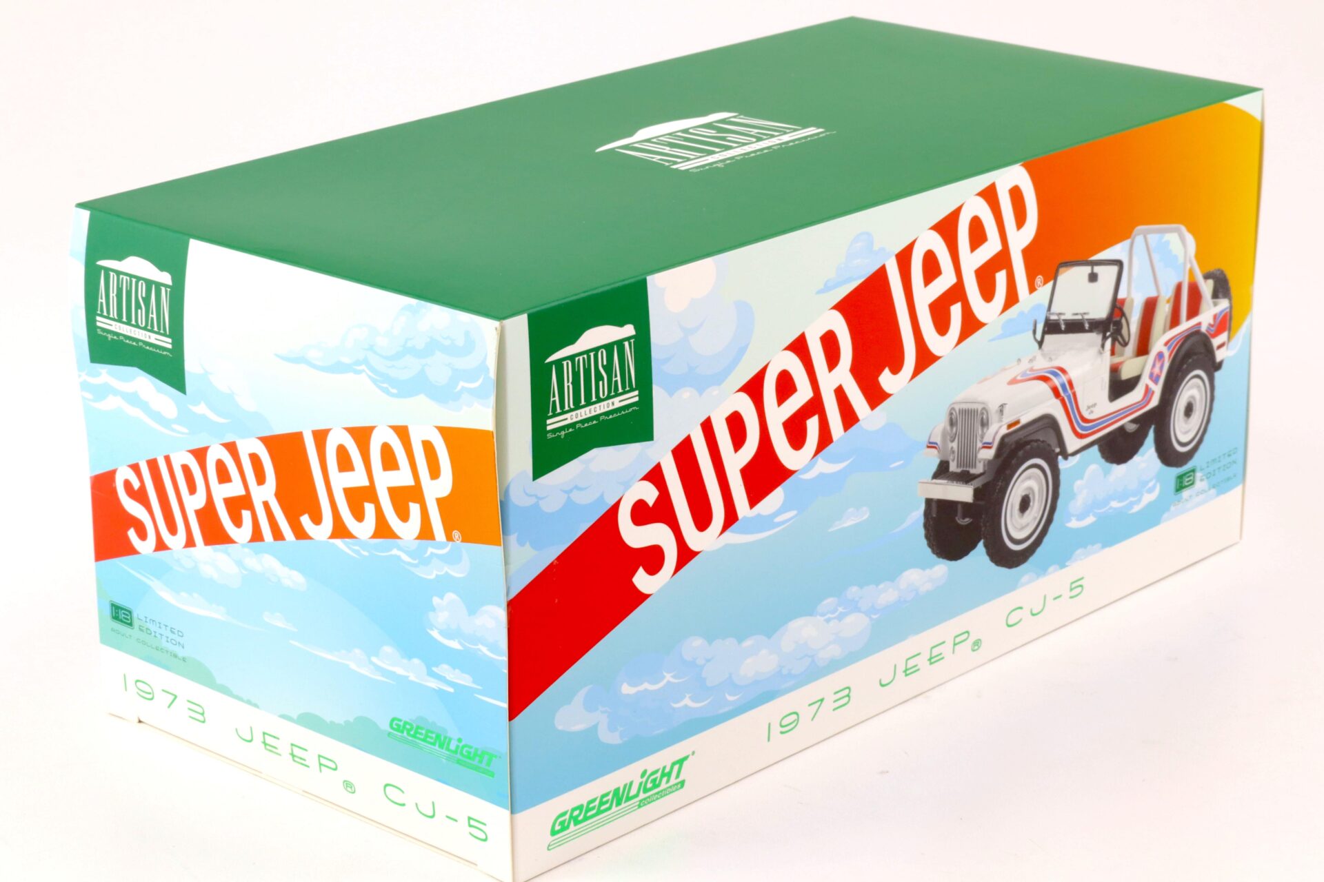 1:18 Greenlight 1973 Jeep CJ-5 SUPER JEEP white/ red/ blue