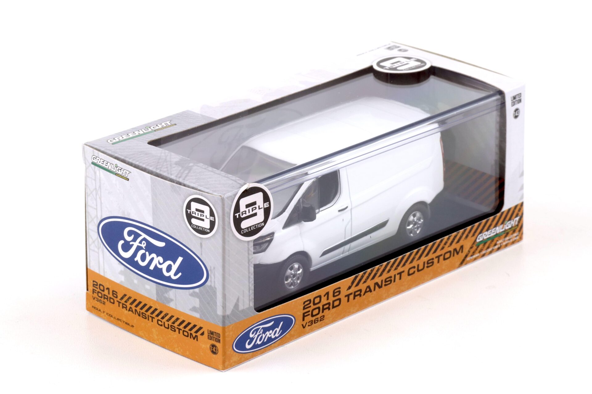1:43 Greenlight 2016 Ford Transit Custom V362 VAN Kasten frozen white