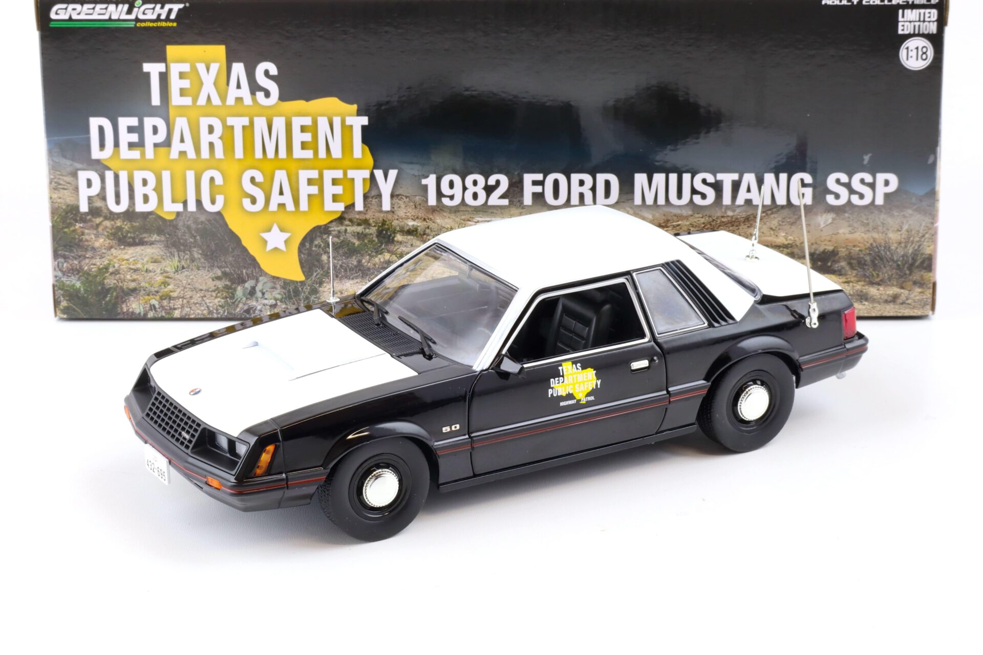 1:18 Greenlight 1982 Ford Mustang 5.0 Coupe SSP Texas Department Public Safety