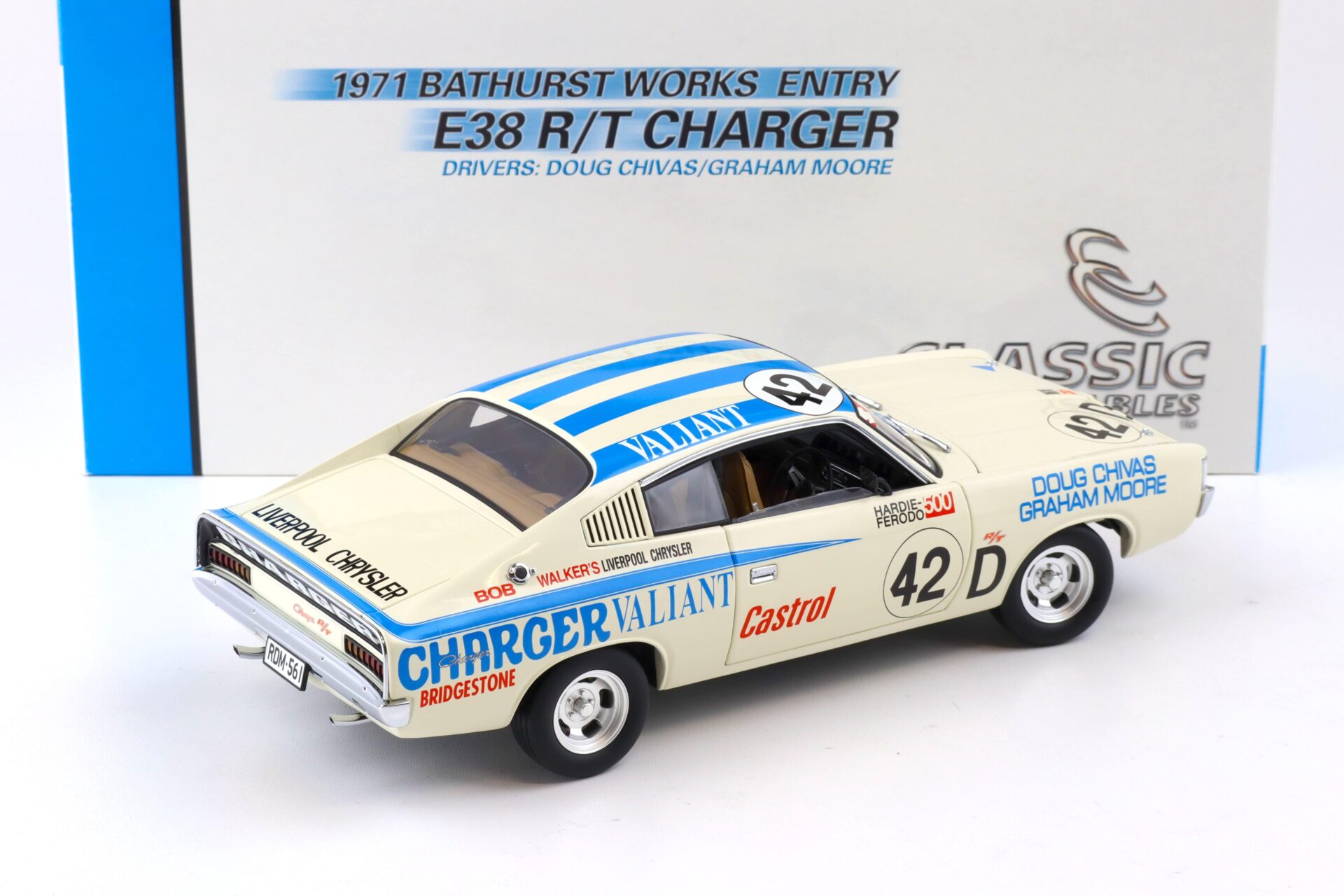 1:18 Classic Carlectables Chrysler E38 R/T Charger 1971 Bathurst Works Entry Chivas/ Moore #42