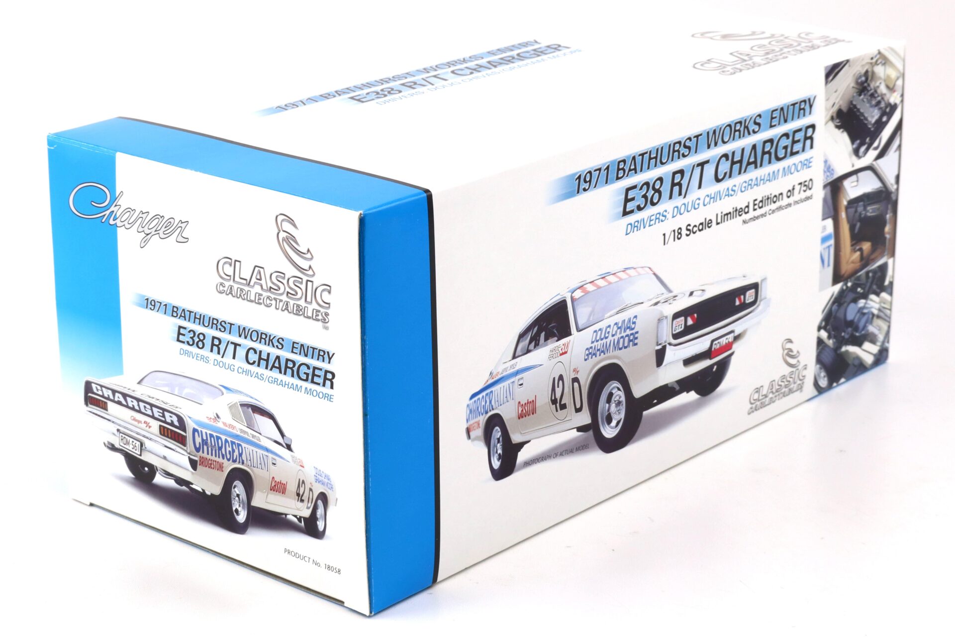 1:18 Classic Carlectables Chrysler E38 R/T Charger 1971 Bathurst Works Entry Chivas/ Moore #42