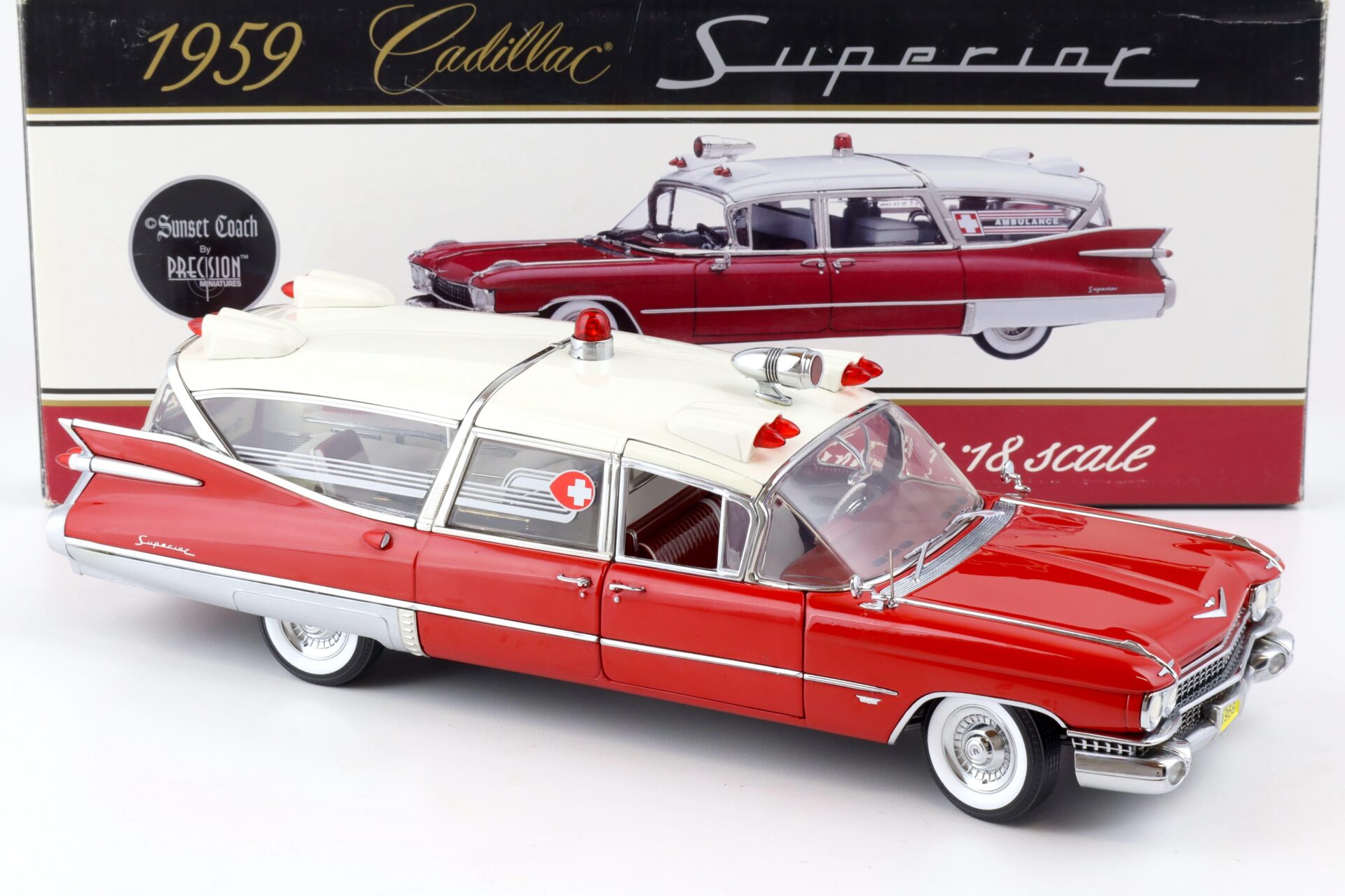 1:18 Sunset Coach Precision 1959 Cadillac Superior Crown Royal Ambulance red/ white
