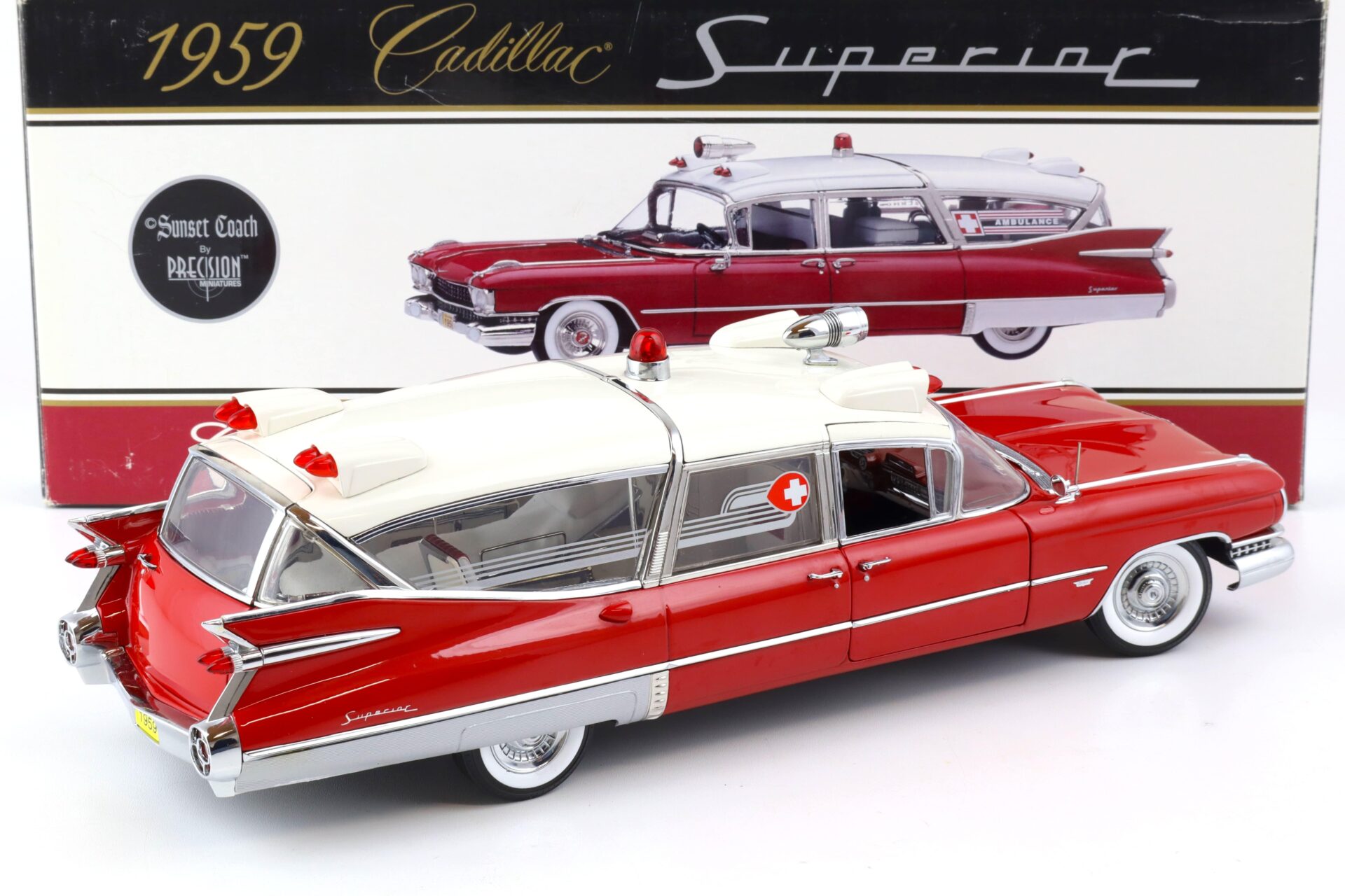 1:18 Sunset Coach Precision 1959 Cadillac Superior Crown Royal Ambulance red/ white