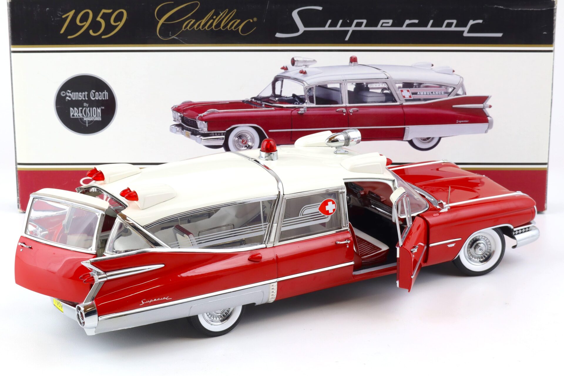 1:18 Sunset Coach Precision 1959 Cadillac Superior Crown Royal Ambulance red/ white