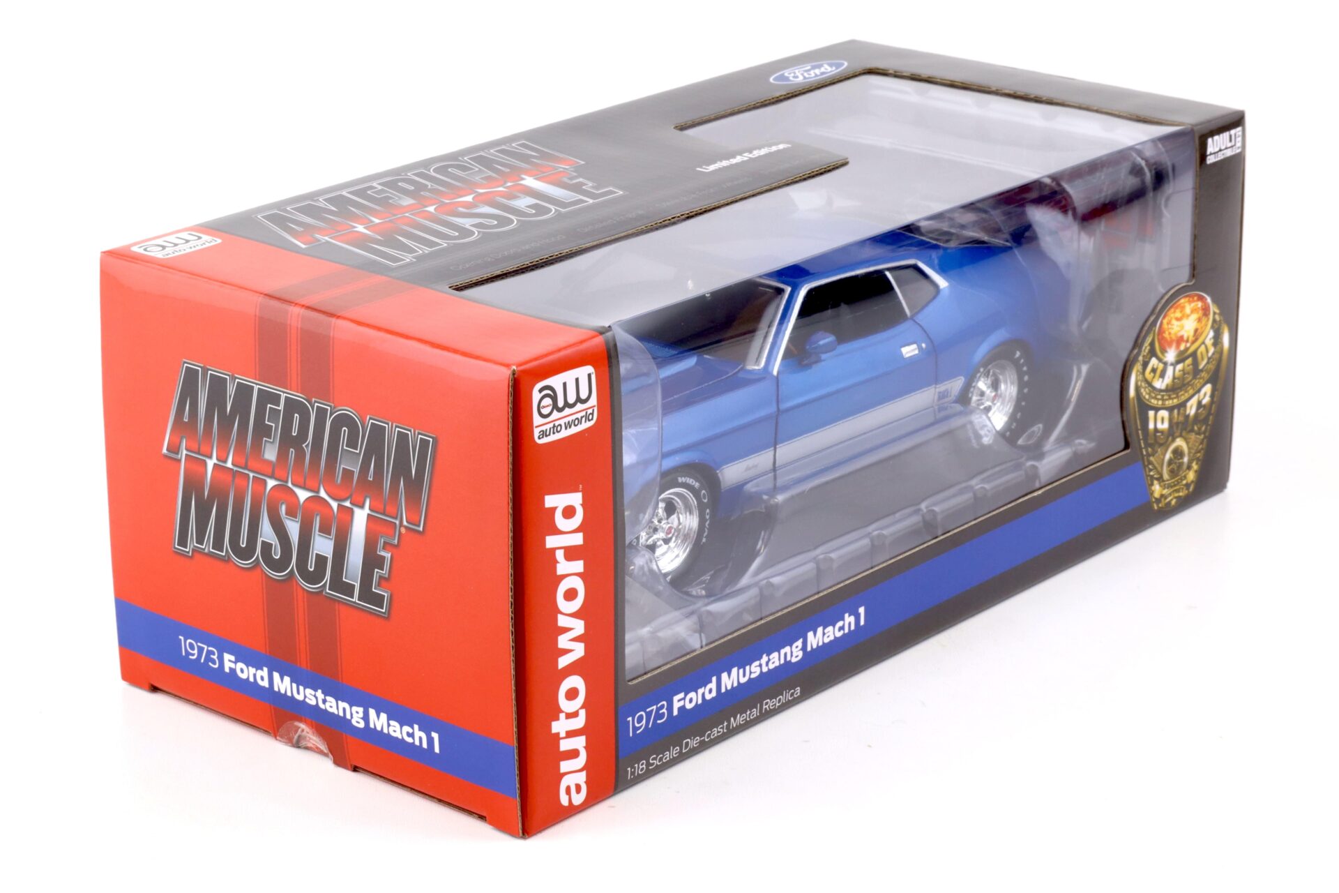 1:18 Auto World 1973 Ford Mustang Mach 1 Coupe Class of 1973 blue glow