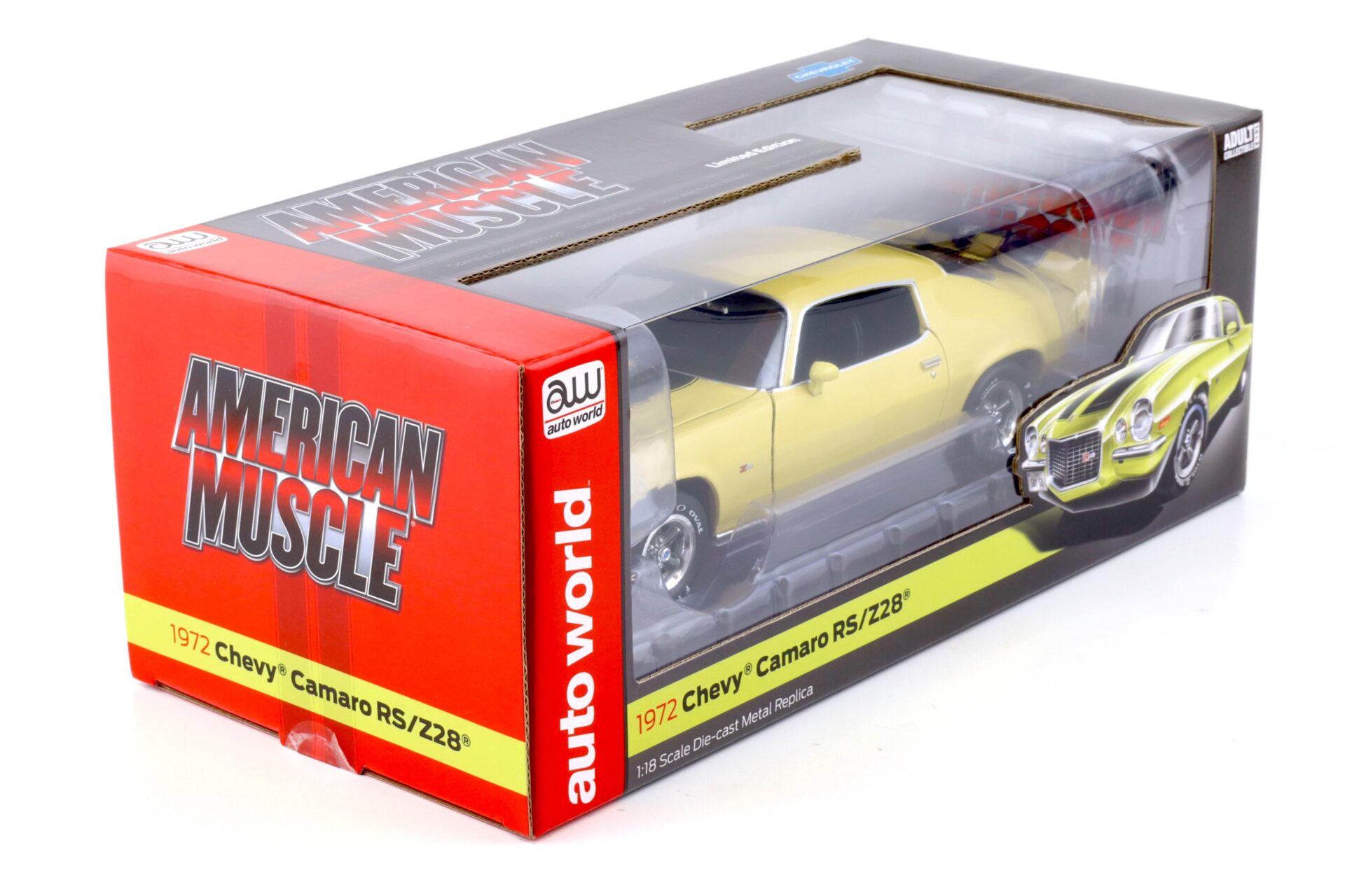1:18 Auto World 1972 Chevrolet Camaro RS/ Z28 Coupe cream yellow/ black stripes