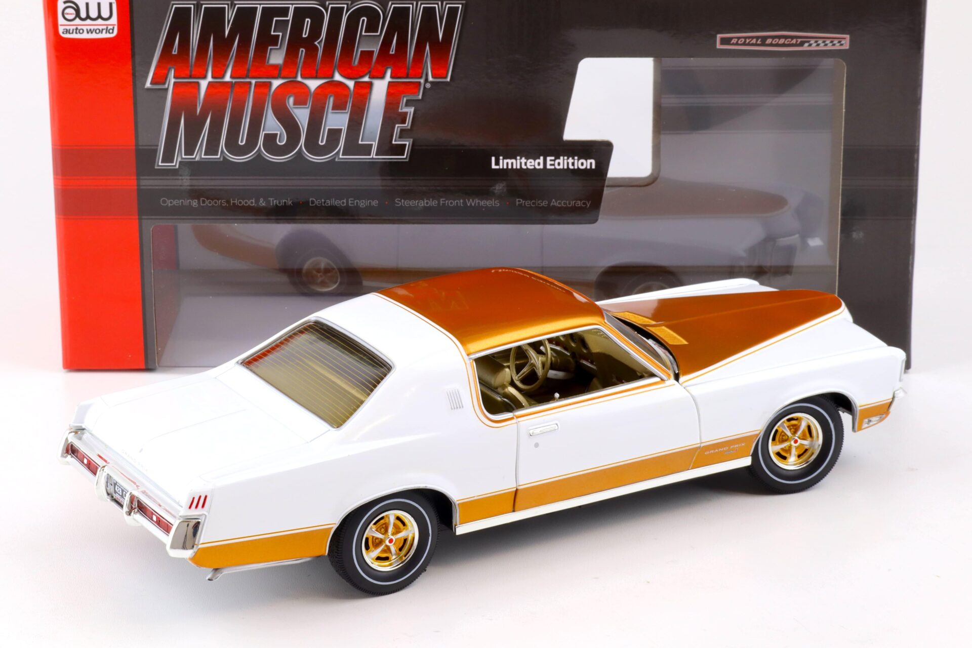 1:18 Auto World 1969 Pontiac Grand Prix Royal Bobcat Model J Cameo white/ gold
