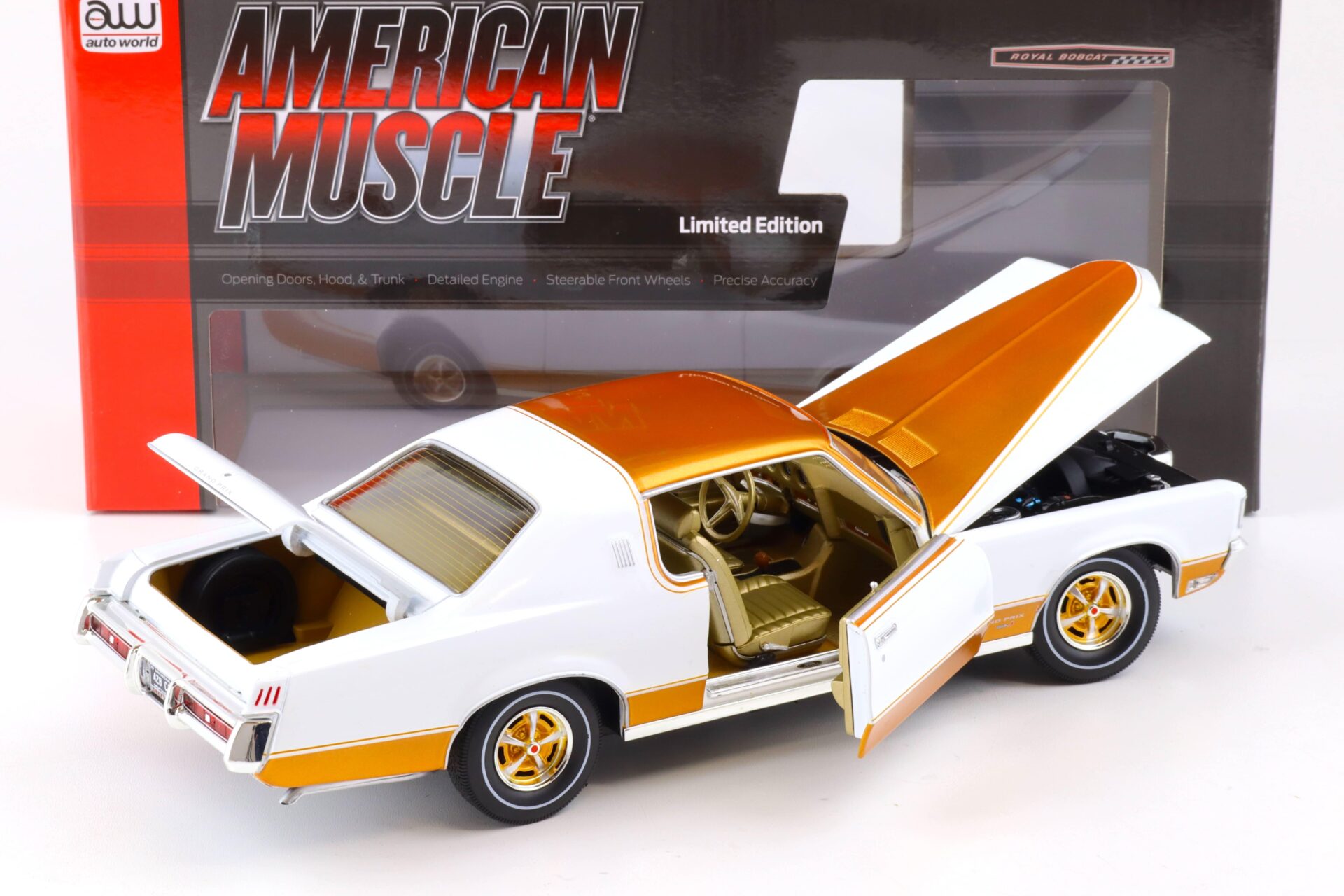 1:18 Auto World 1969 Pontiac Grand Prix Royal Bobcat Model J Cameo white/ gold