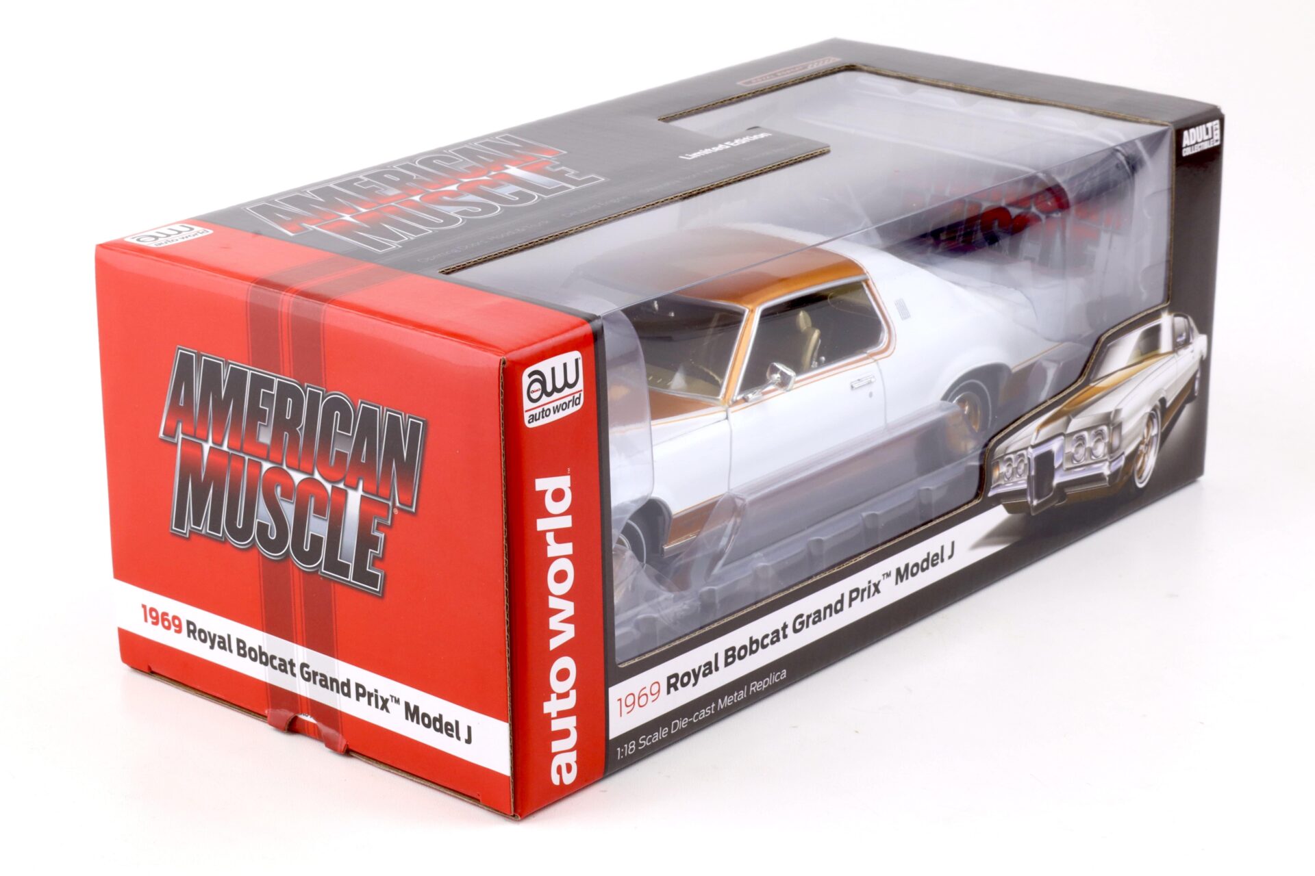1:18 Auto World 1969 Pontiac Grand Prix Royal Bobcat Model J Cameo white/ gold