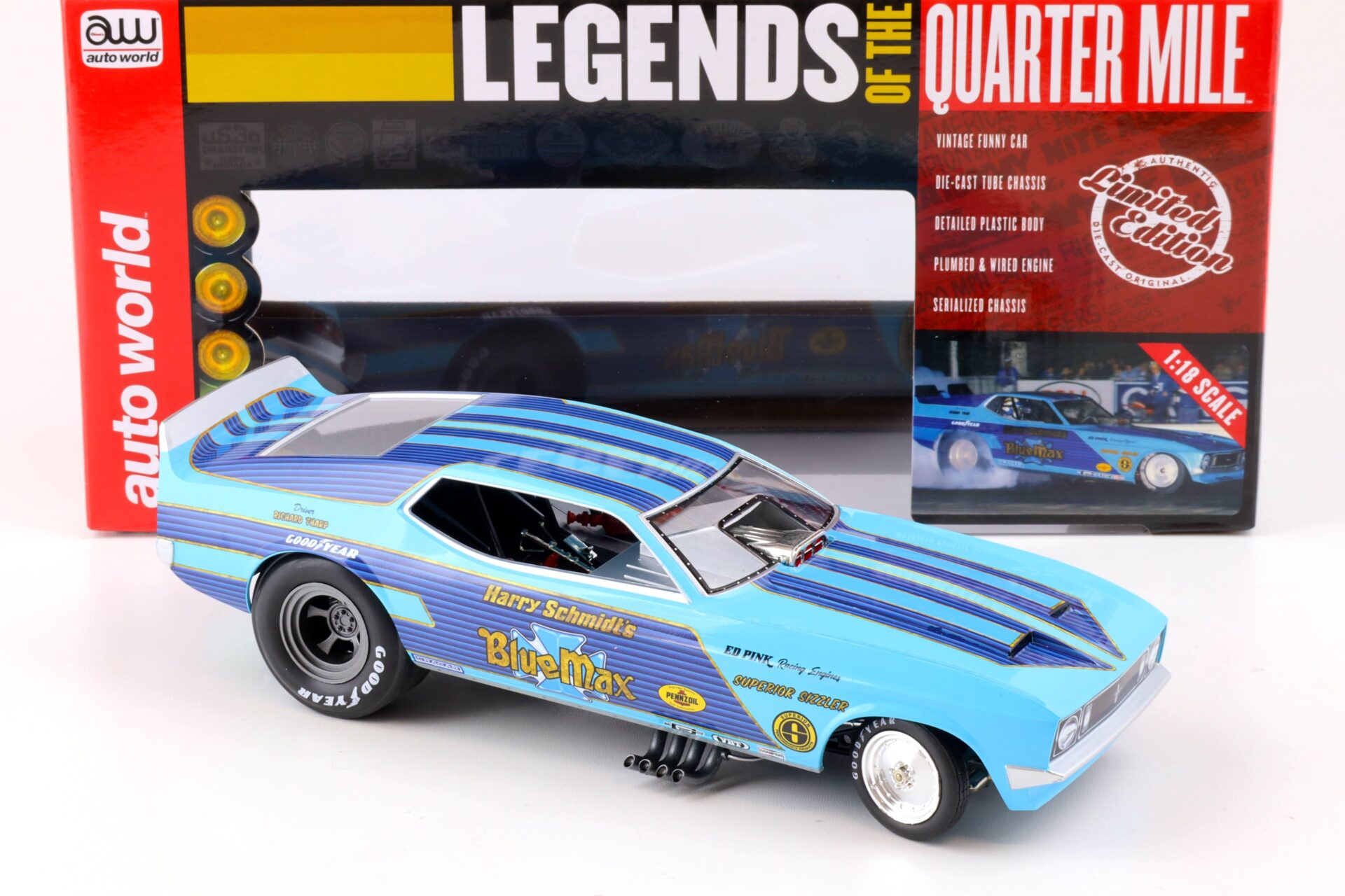 1:18 Auto World 1973 BLUE MAX Ford Mustang Funny Car LOTQM Harry Schmidt blue