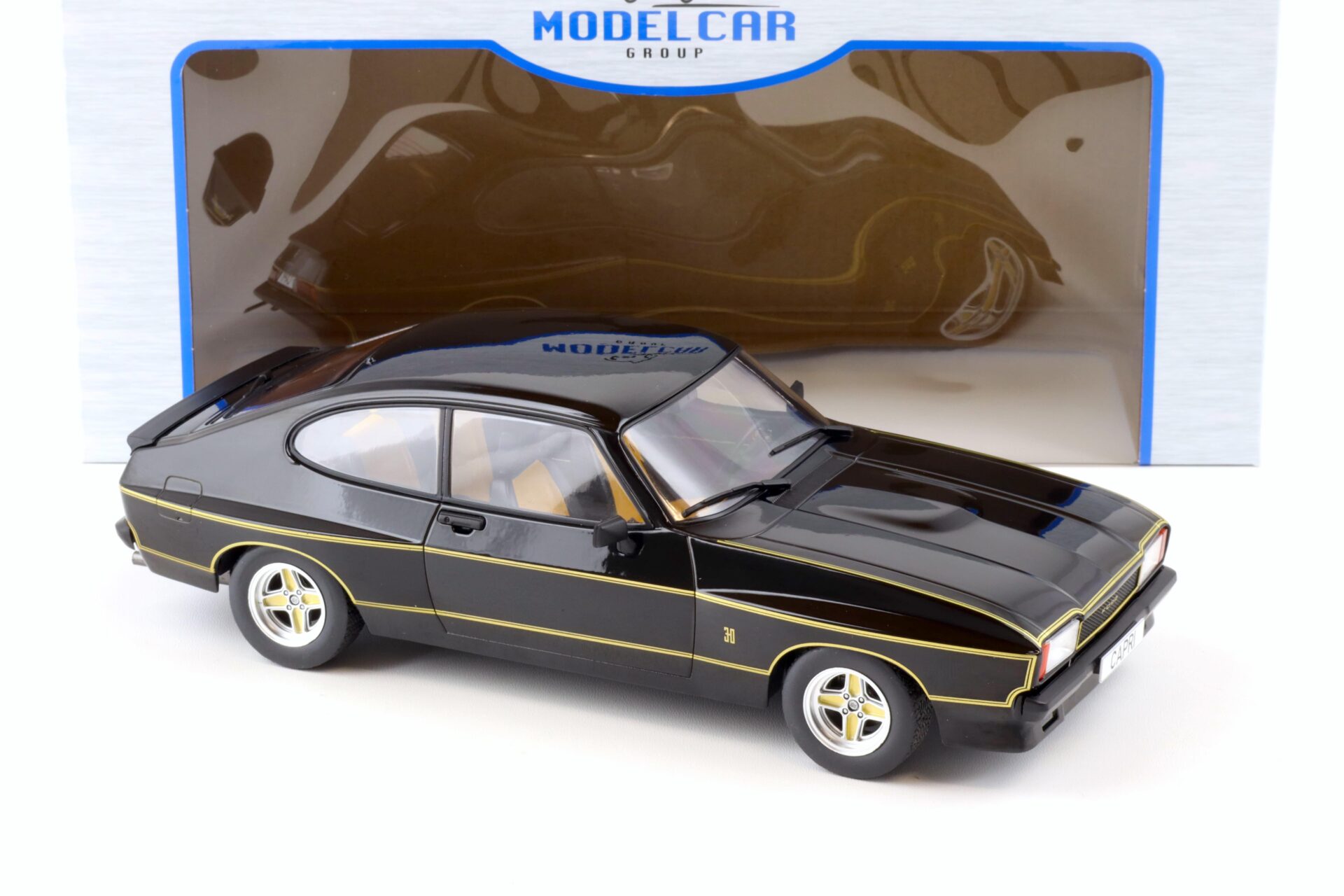 1:18 MCG Ford Capri MK II X-Pack black/ gold stripes LHD 1975
