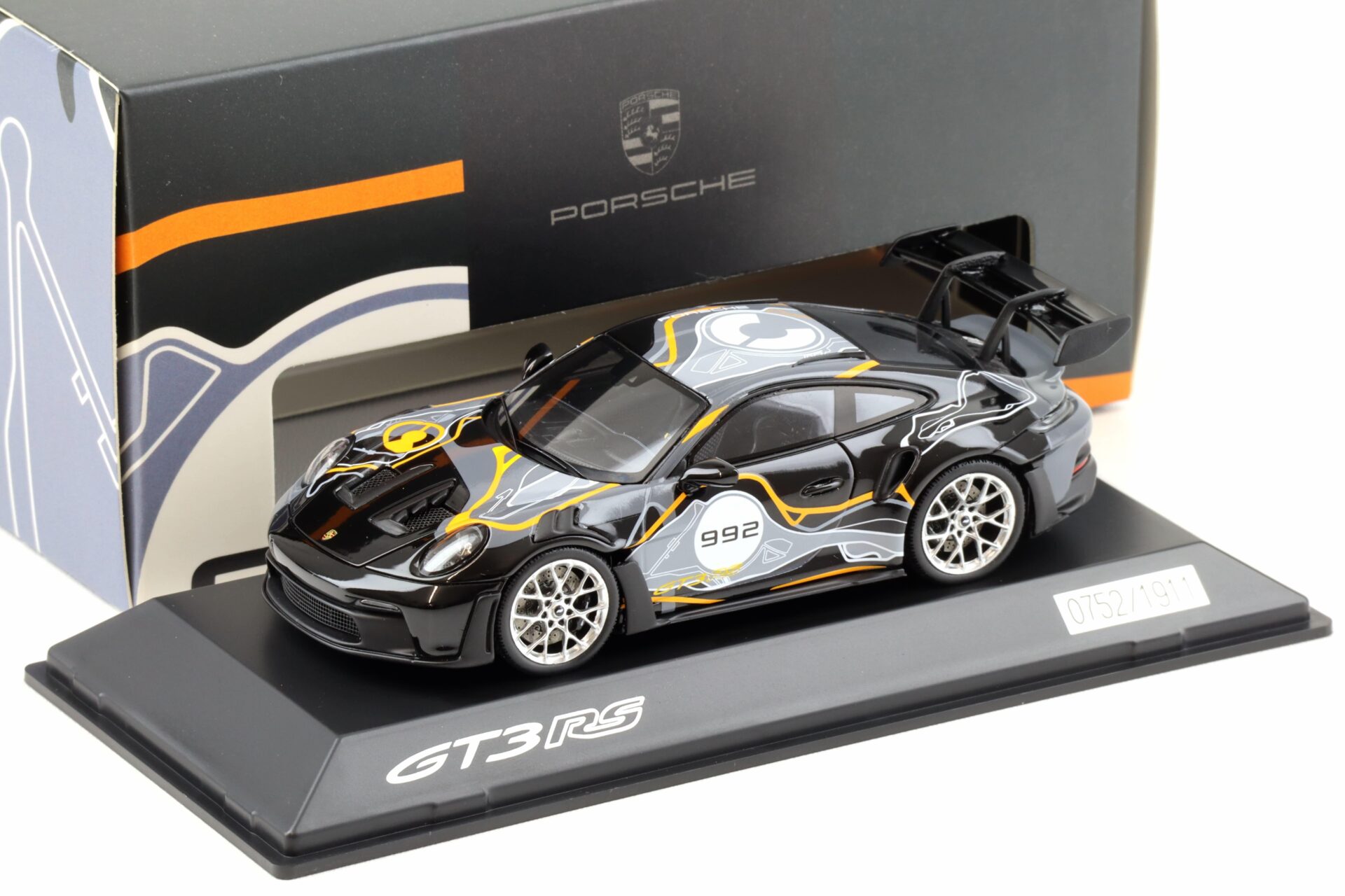 1:43 Spark Porsche 911 992 GT3 RS Weissach Test Track black/grey/orange WAP DEALER