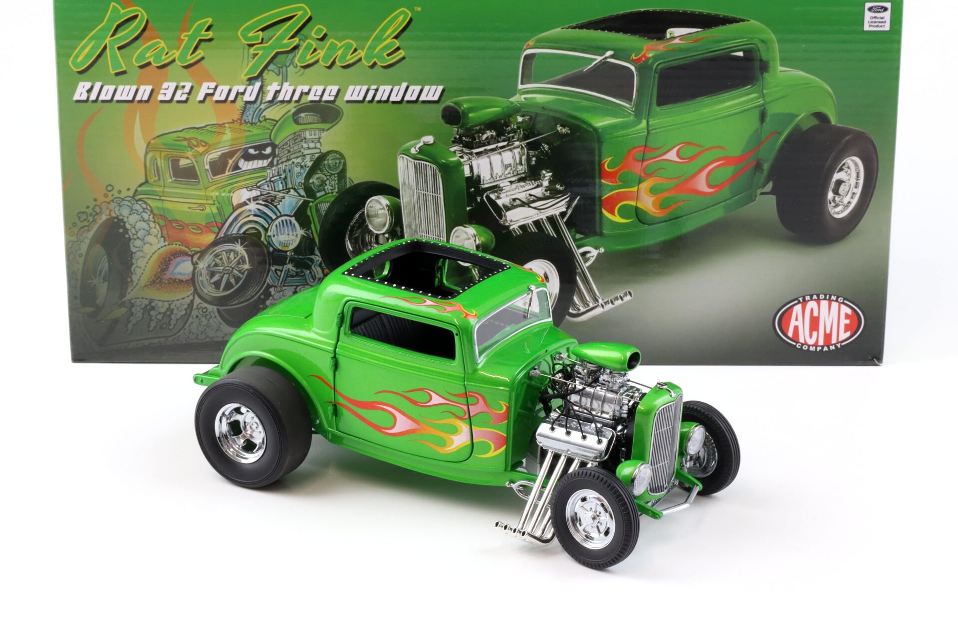 1:18 ACME 1932 Blown Ford Three Window Hot Rod RAT FINK green