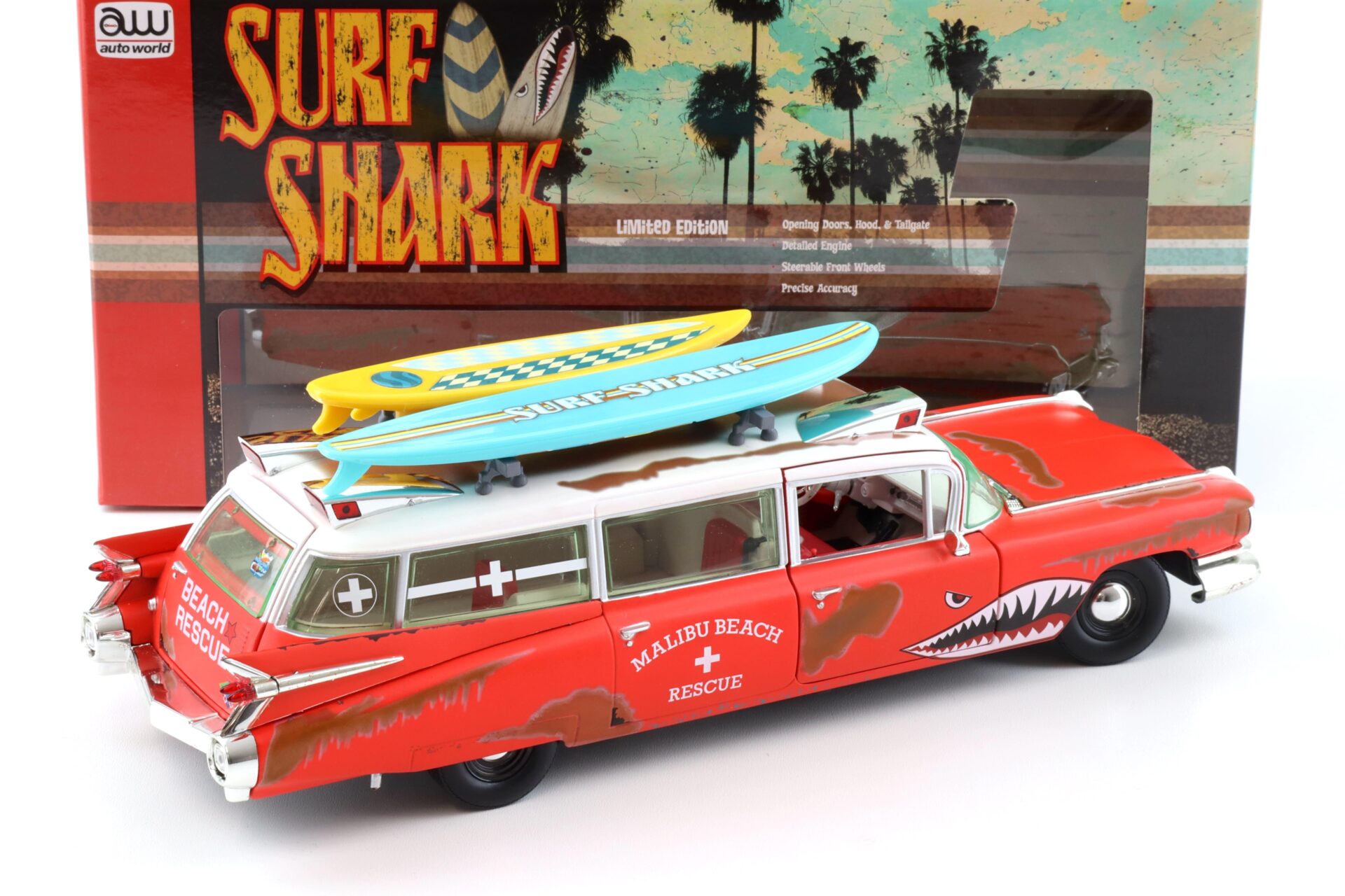 1:18 Auto World 1959 Cadillac Eldorado Ambulance SURF SHARK rusty red